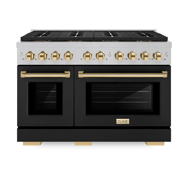 ZLINE Autograph Edition 48 in. 6.7 cu. ft. Paramount Gas Range with 8 Burner DuoPro™ Cooktop and Dual Ovens in Satin Stainless Steel with Black Matte Doors and Polished Gold Accents (PSGRSZ-BLM48-G)