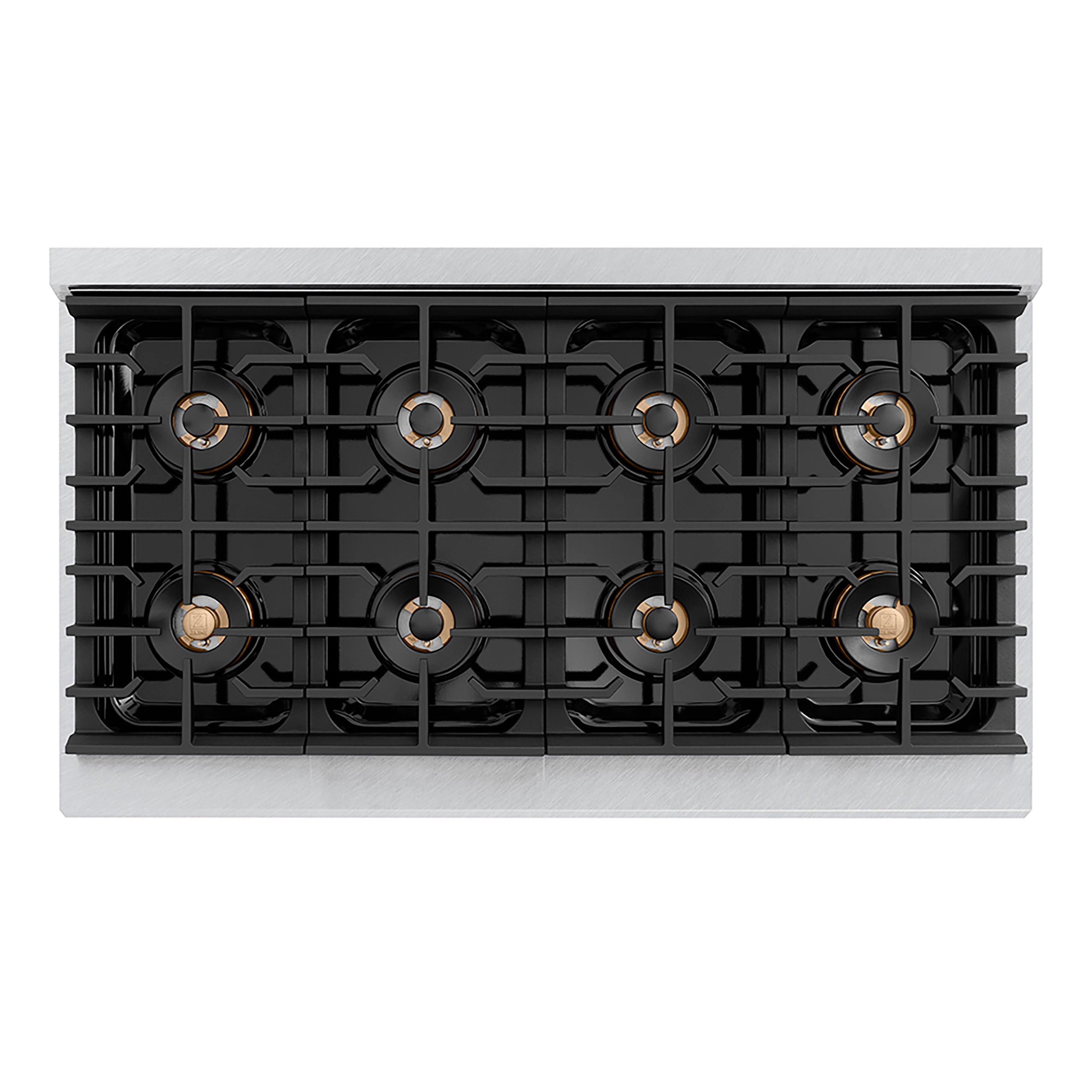 ZLINE Autograph Edition 48 in. 6.7 cu. ft. Paramount Gas Range with 8 Burner DuoPro™ Cooktop and Dual Ovens in Satin Stainless Steel with Black Matte Doors and Polished Gold Accents (PSGRSZ-BLM48-G)