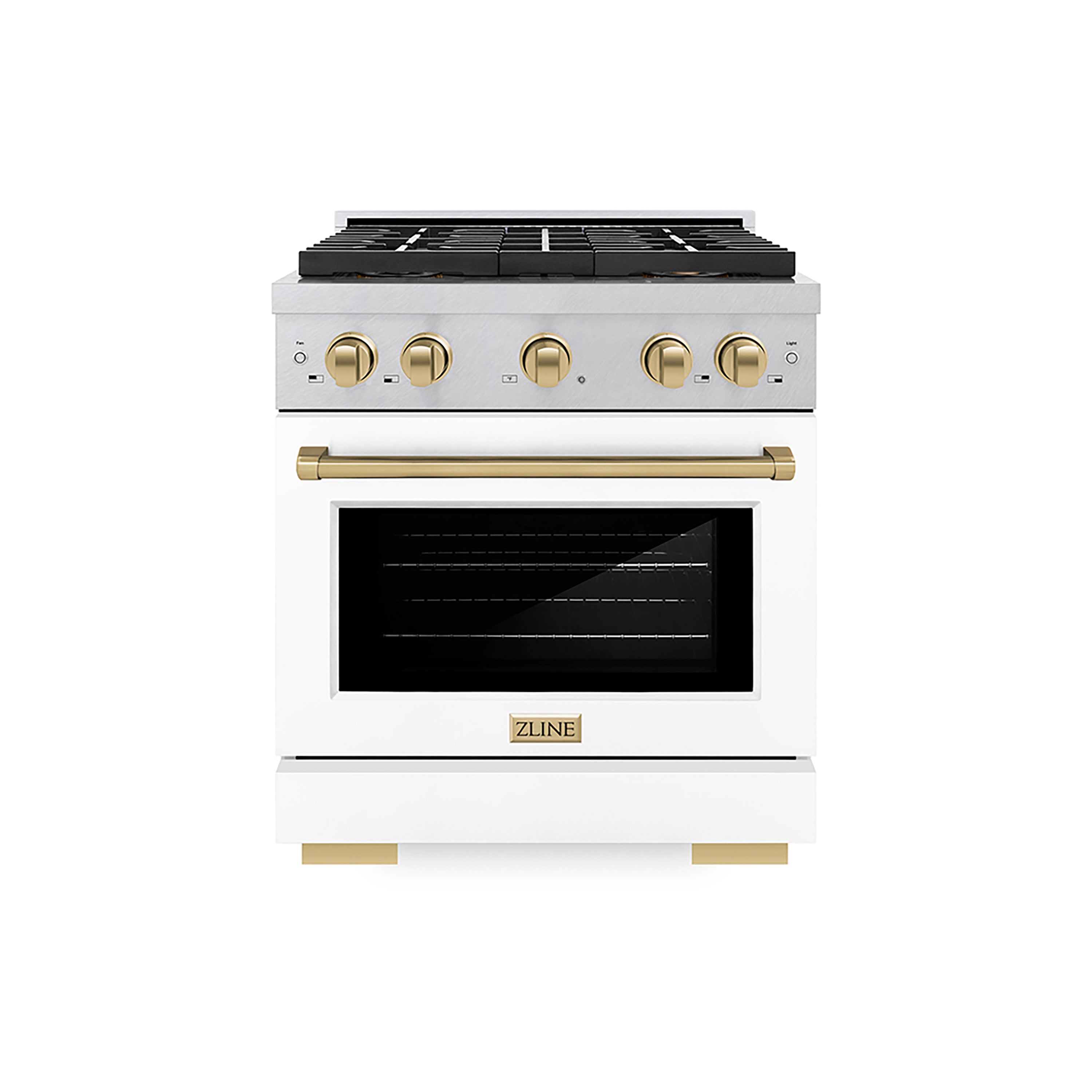ZLINE Autograph Edition 30 in. 4.2 cu. ft. Paramount Gas Range with 4 Burner DuoPro™ Cooktop and Convection Gas Oven in Satin Stainless Steel with White Matte Door and Champagne Bronze Accents (PSGRSZ-WM-30-CB)