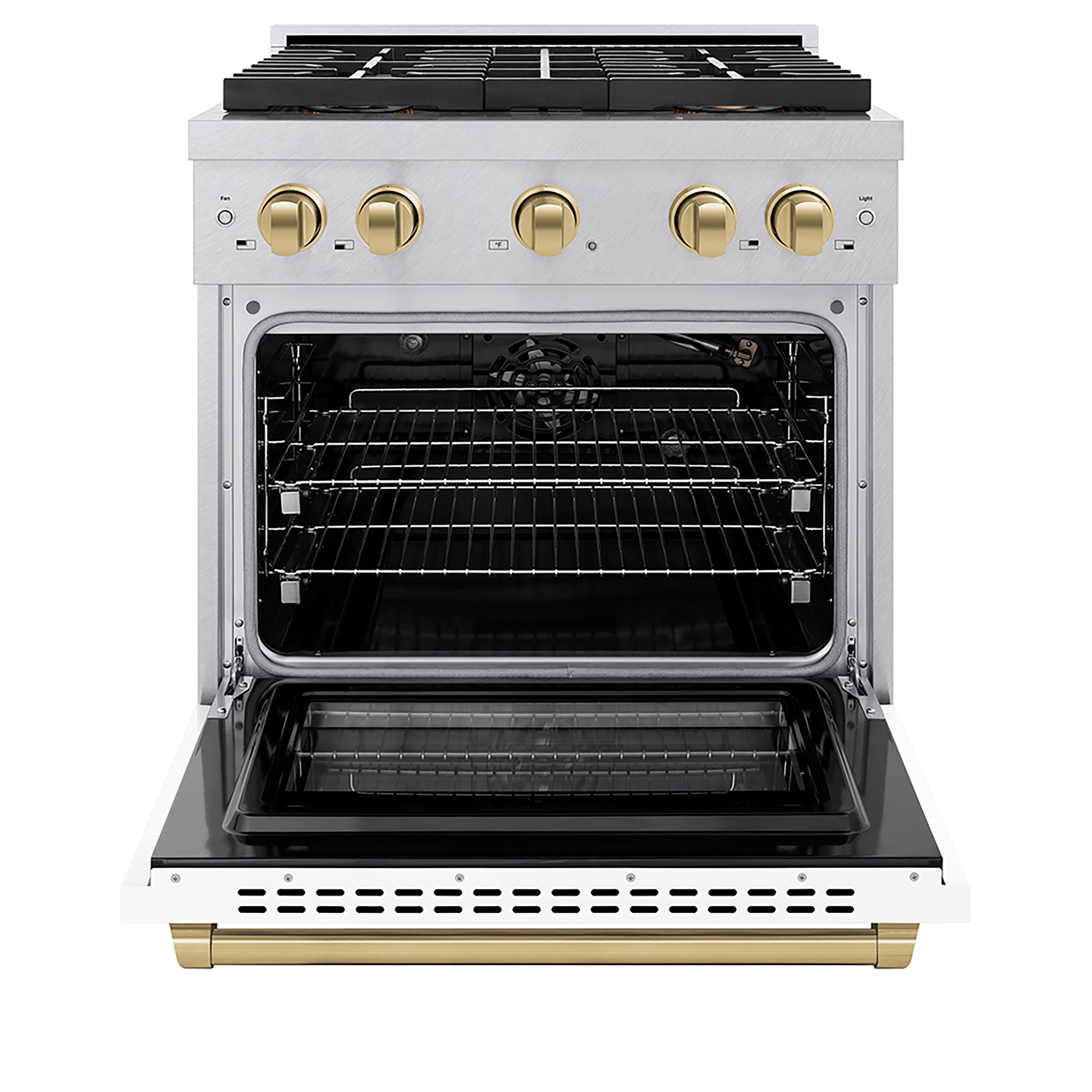 ZLINE Autograph Edition 30 in. 4.2 cu. ft. Paramount Gas Range with 4 Burner DuoPro™ Cooktop and Convection Gas Oven in Satin Stainless Steel with White Matte Door and Champagne Bronze Accents (PSGRSZ-WM-30-CB)