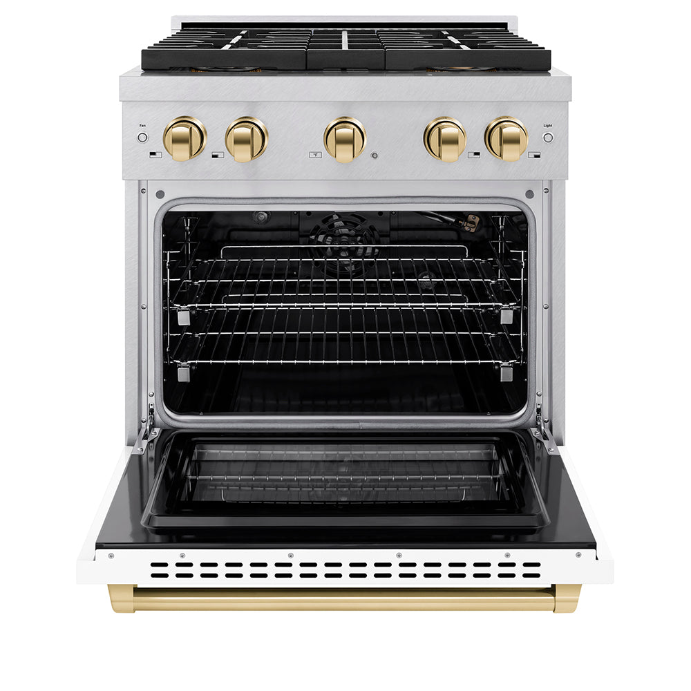 ZLINE Autograph Edition 30 in. 4.2 cu. ft. Paramount Gas Range with 4 Burner DuoPro™ Cooktop and Convection Gas Oven in Satin Stainless Steel with White Matte Door and Polished Gold Accents (PSGRSZ-WM-30-G)