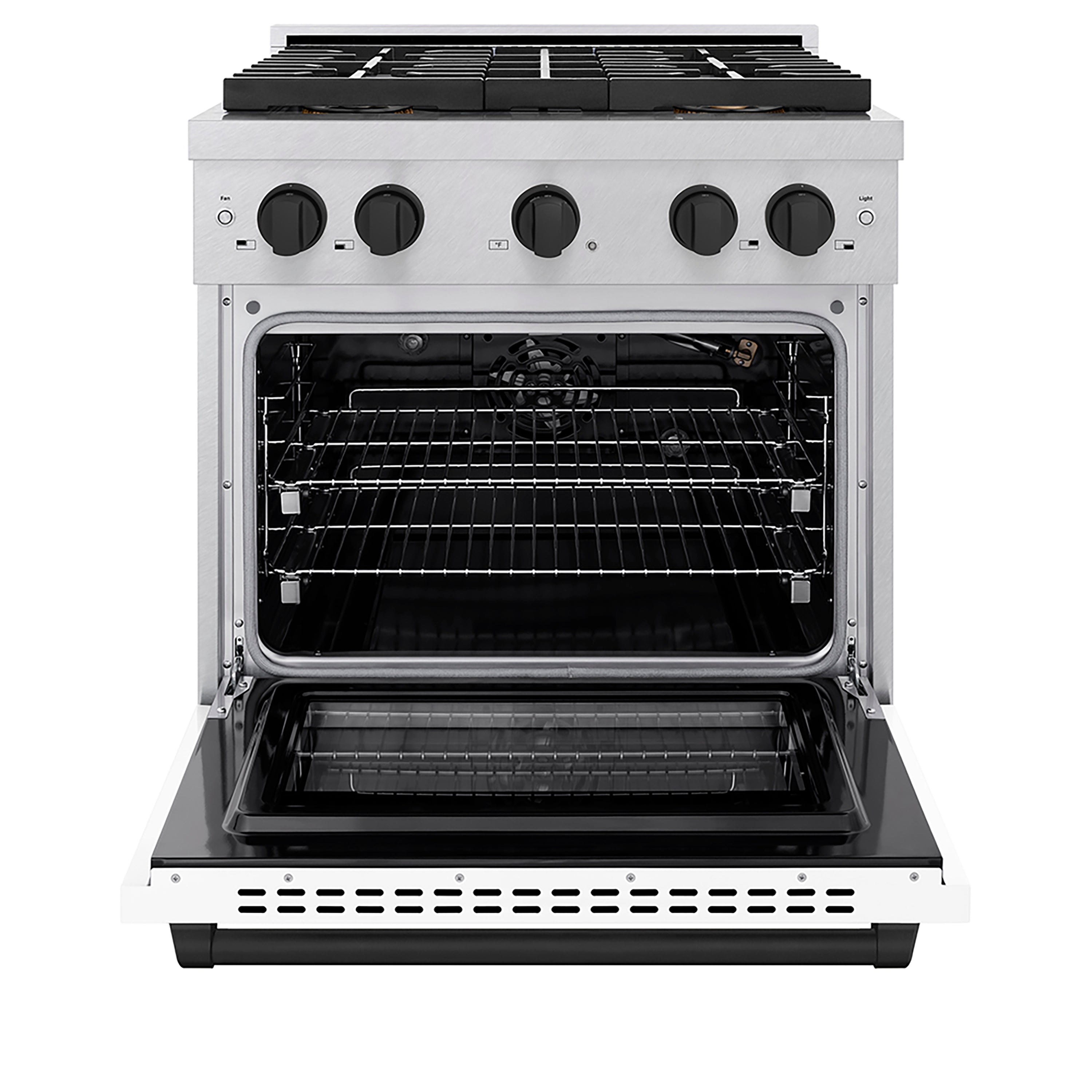 ZLINE Autograph Edition 30 in. 4.2 cu. ft. Paramount Gas Range with 4 Burner DuoPro™ Cooktop and Convection Gas Oven in Satin Stainless Steel with White Matte Door and Matte Black Accents (PSGRSZ-WM-30-MB)