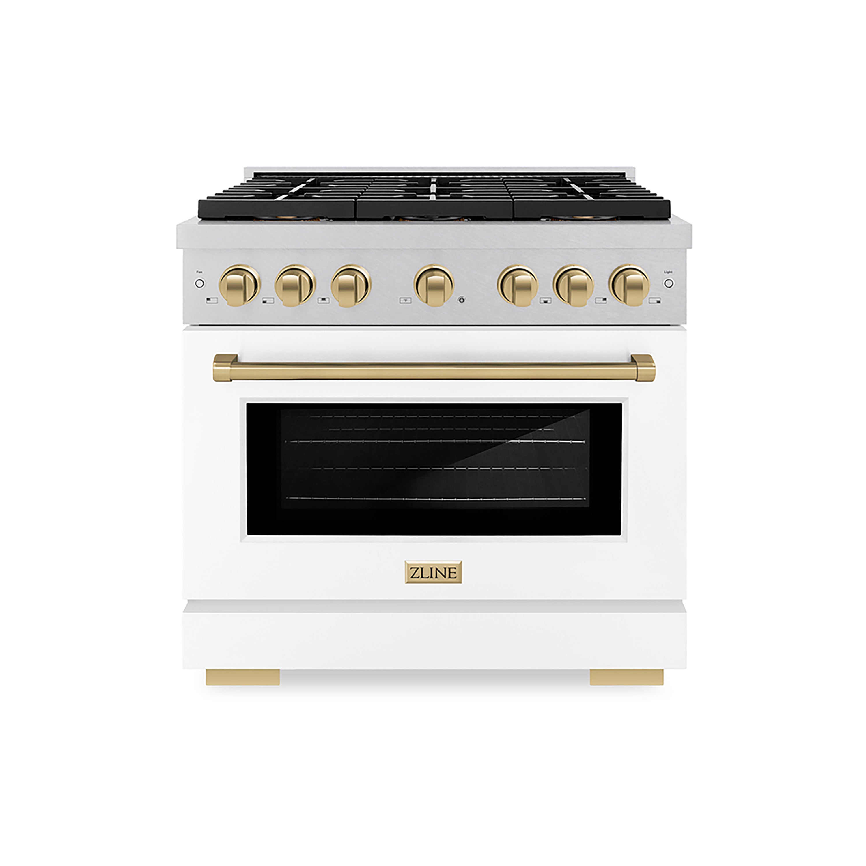 ZLINE Autograph Edition 36 in. 5.2 cu. ft. Paramount Gas Range with 6 Burner DuoPro™ Cooktop and Convection Gas Oven in Satin Stainless Steel with White Matte Door and Champagne Bronze Accents (PSGRSZ-WM-36-CB)