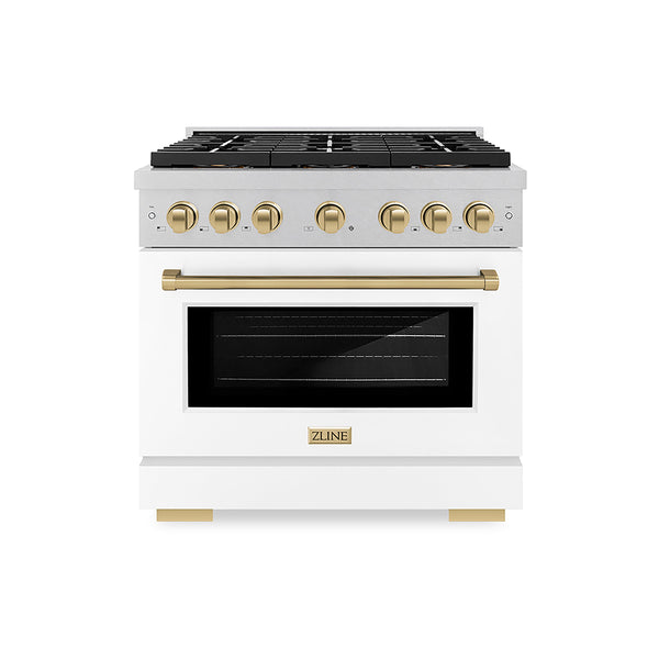 ZLINE Autograph Edition 36 in. 5.2 cu. ft. Paramount Gas Range with 6 Burner DuoPro™ Cooktop and Convection Gas Oven in Satin Stainless Steel with White Matte Door and Champagne Bronze Accents (PSGRSZ-WM-36-CB)