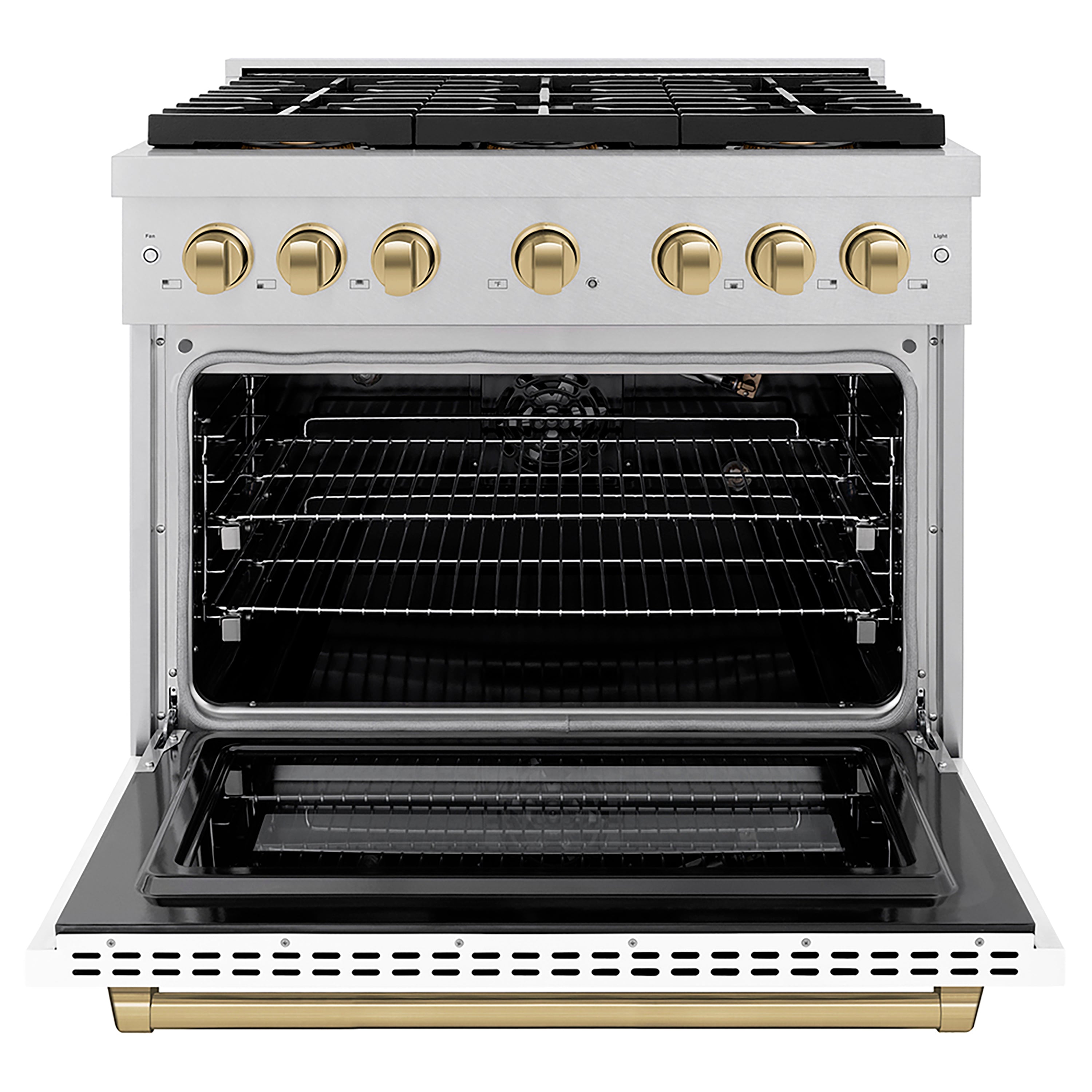 ZLINE Autograph Edition 36 in. 5.2 cu. ft. Paramount Gas Range with 6 Burner DuoPro™ Cooktop and Convection Gas Oven in Satin Stainless Steel with White Matte Door and Champagne Bronze Accents (PSGRSZ-WM-36-CB)