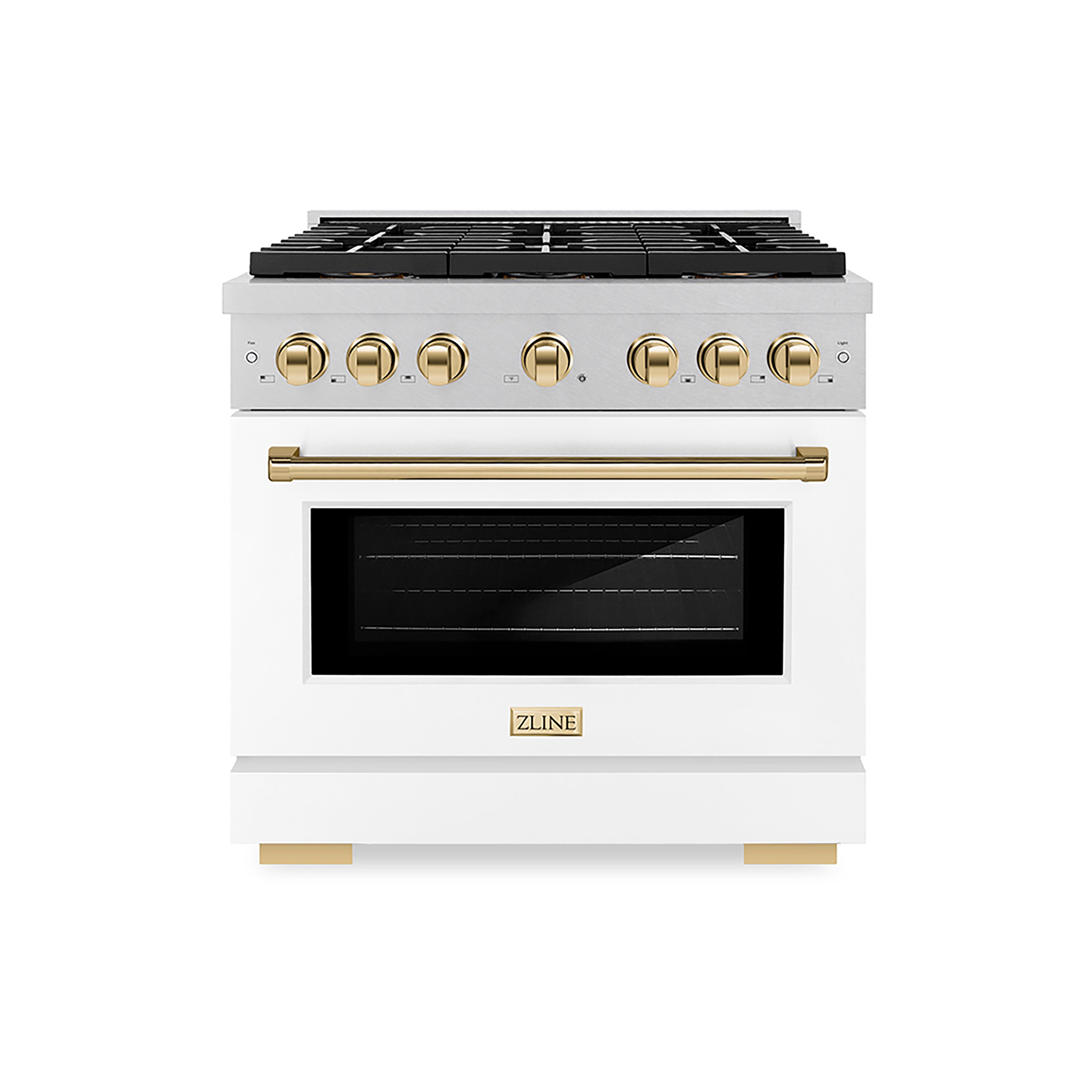 ZLINE Autograph Edition 36 in. 5.2 cu. ft. Paramount Gas Range with 6 Burner DuoPro™ Cooktop and Convection Gas Oven in Satin Stainless Steel with White Matte Door and Polished Gold Accents (PSGRSZ-WM-36-G)