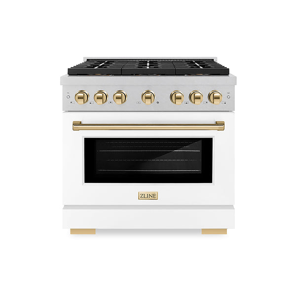 ZLINE Autograph Edition 36 in. 5.2 cu. ft. Paramount Gas Range with 6 Burner DuoPro™ Cooktop and Convection Gas Oven in Satin Stainless Steel with White Matte Door and Polished Gold Accents (PSGRSZ-WM-36-G)
