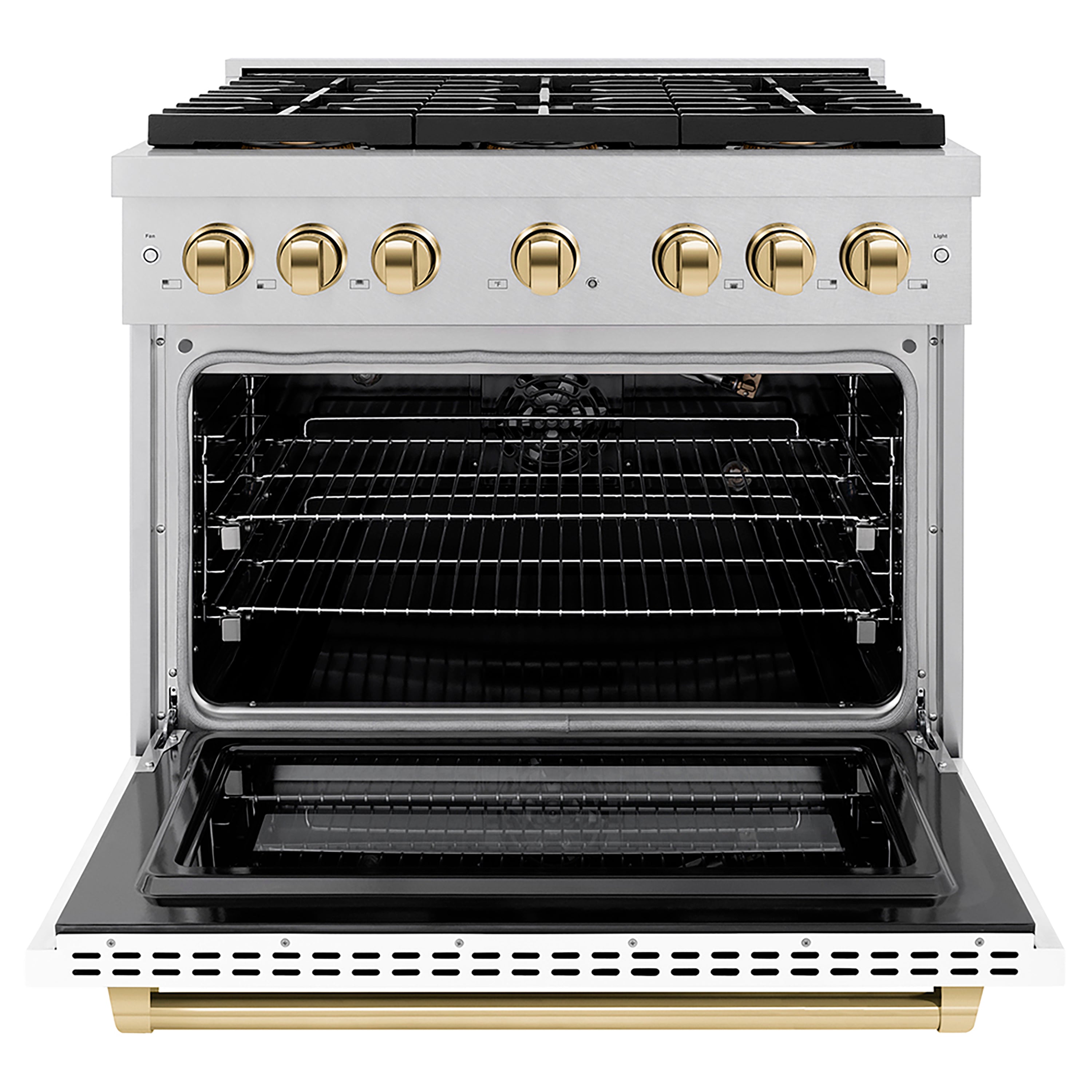 ZLINE Autograph Edition 36 in. 5.2 cu. ft. Paramount Gas Range with 6 Burner DuoPro™ Cooktop and Convection Gas Oven in Satin Stainless Steel with White Matte Door and Polished Gold Accents (PSGRSZ-WM-36-G)