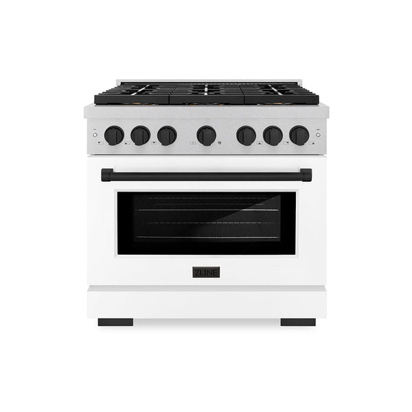 ZLINE Autograph Edition 36 in. 5.2 cu. ft. Paramount Gas Range with 6 Burner DuoPro™ Cooktop and Convection Gas Oven in Satin Stainless Steel with White Matte Door and Matte Black Accents (PSGRSZ-WM-36-MB)