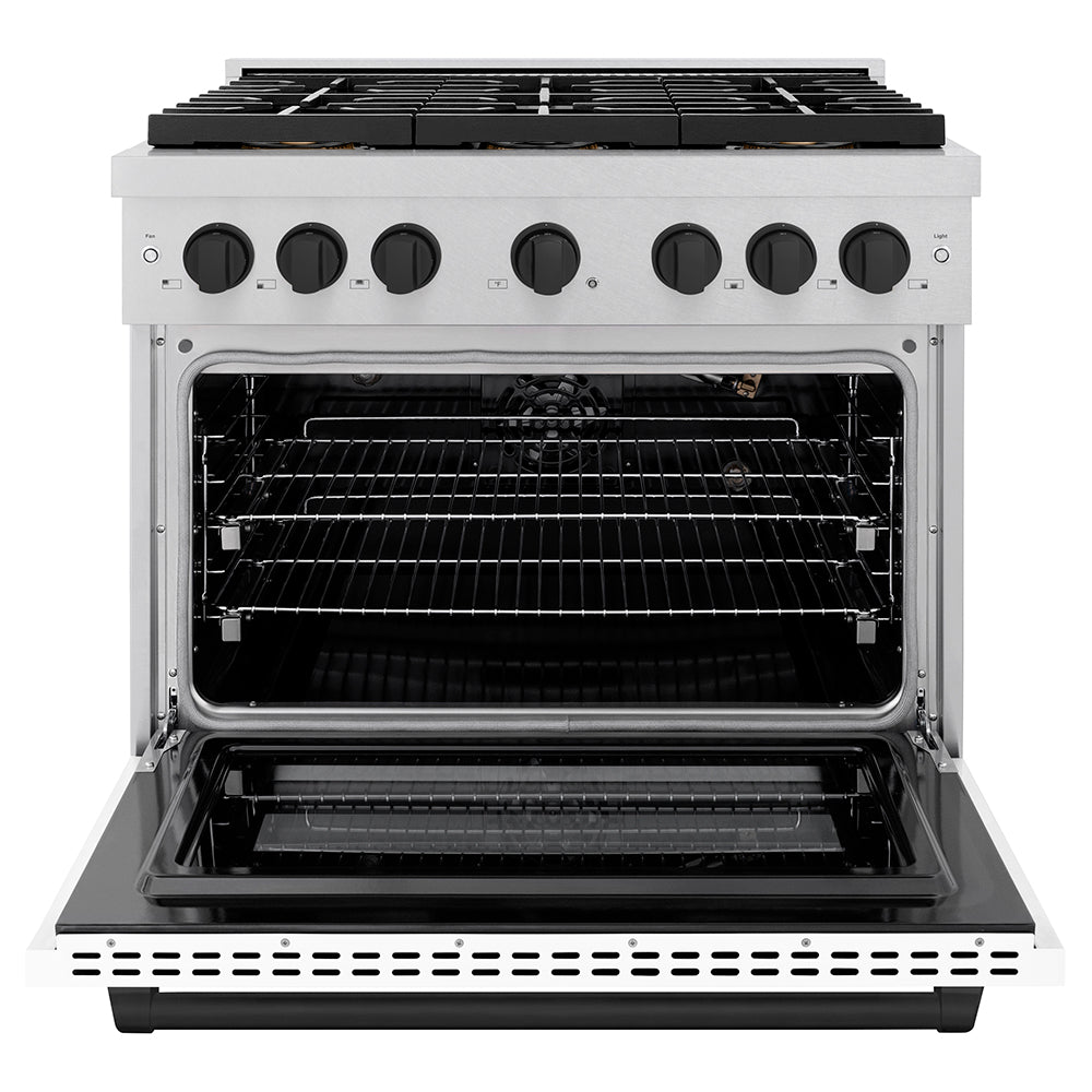ZLINE Autograph Edition 36 in. 5.2 cu. ft. Paramount Gas Range with 6 Burner DuoPro™ Cooktop and Convection Gas Oven in Satin Stainless Steel with White Matte Door and Matte Black Accents (PSGRSZ-WM-36-MB)