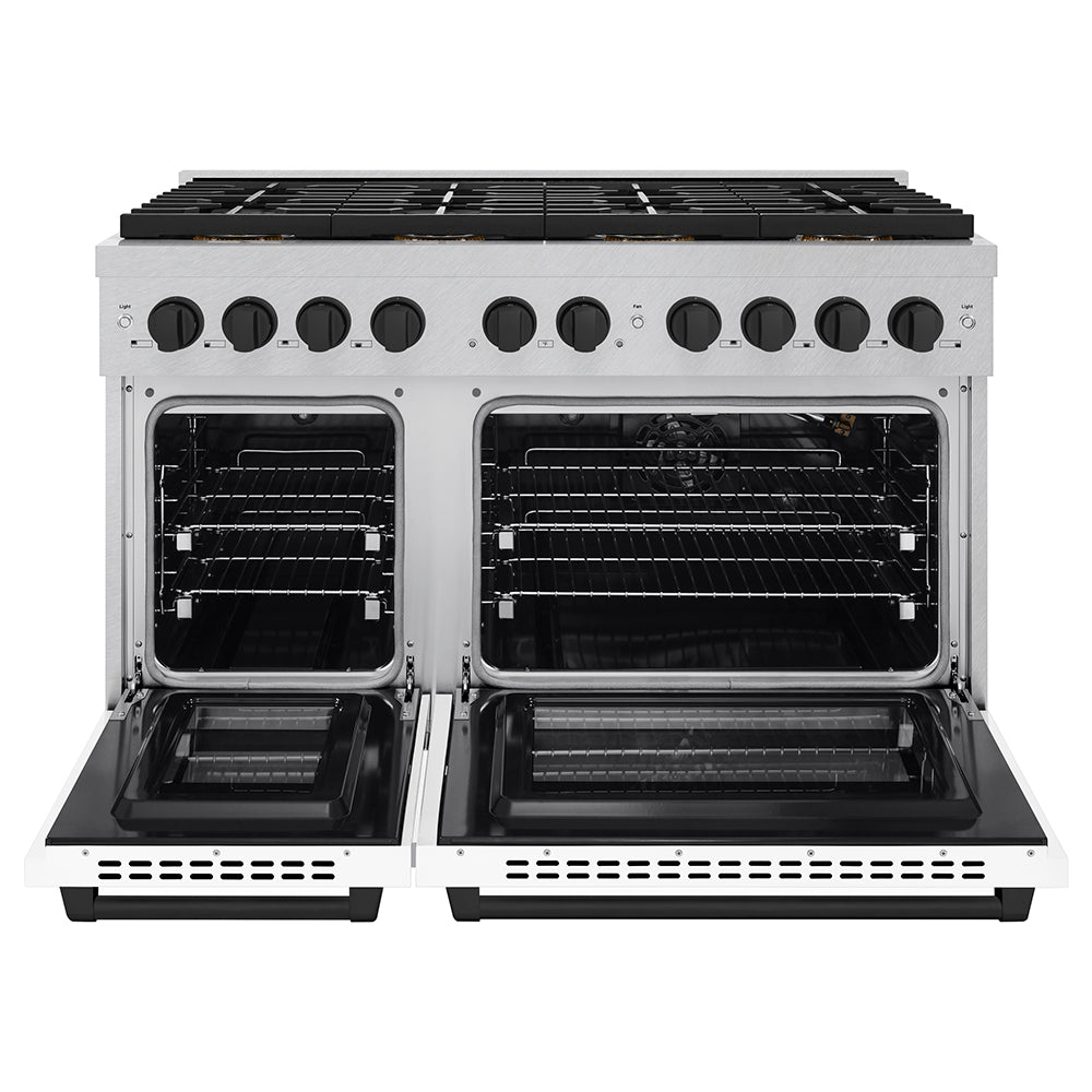 ZLINE Autograph Edition 48 in. 6.7 cu. ft. Paramount Gas Range with 8 Burner DuoPro™ Cooktop and Dual Ovens in Satin Stainless Steel with White Matte Doors and Matte Black Accents (PSGRSZ-WM-48-MB)
