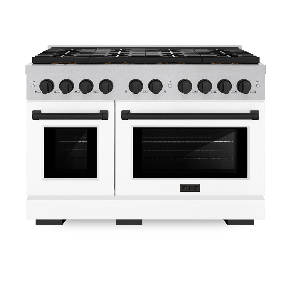 ZLINE Autograph Edition 48 in. 6.7 cu. ft. Paramount Gas Range with 8 Burner DuoPro™ Cooktop and Dual Ovens in Satin Stainless Steel with White Matte Doors and Matte Black Accents (PSGRSZ-WM-48-MB)