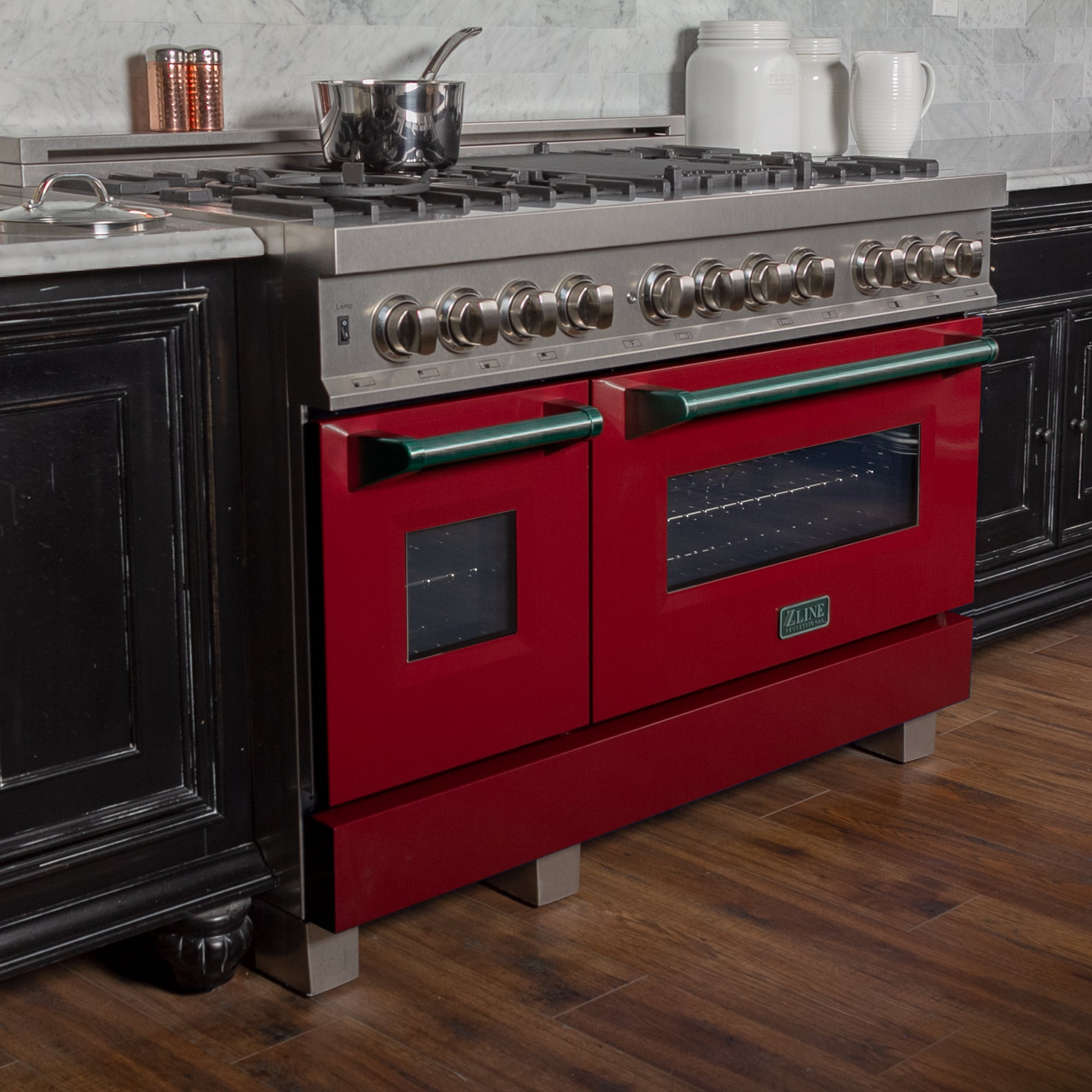 ZLINE 48 in. 6.0 cu. ft. Legacy Dual Fuel Range with 7 Burner Gas Cooktop and 2 Electric Ovens in Satin Stainless Steel and Red Gloss Doors (RAS-RG-48)