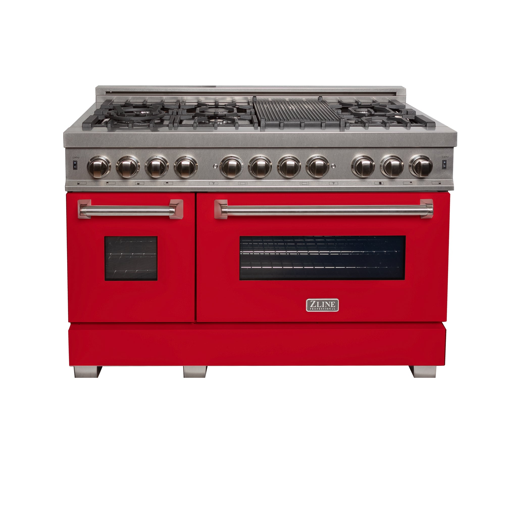 ZLINE 48 in. 6.0 cu. ft. Legacy Dual Fuel Range with 7 Burner Gas Cooktop and 2 Electric Ovens in Satin Stainless Steel and Red Matte Doors (RAS-RM-48)