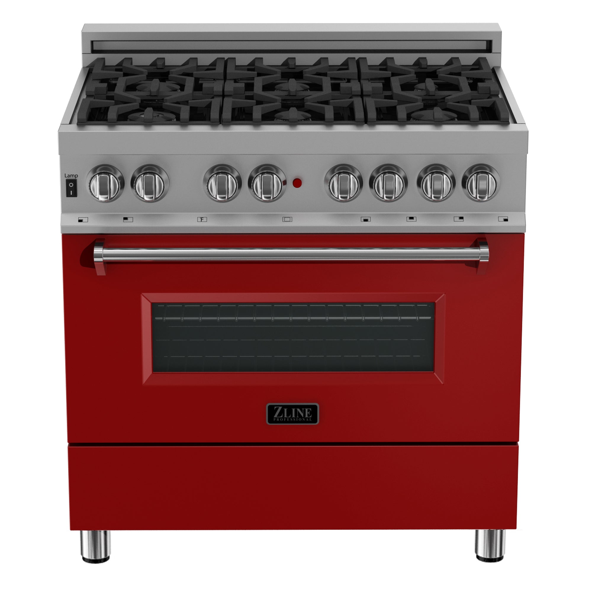 ZLINE 36 in. 4.6 cu. ft. Legacy Dual Fuel Range with 6 Burner Gas Cooktop and Electric Convection Oven in Satin Stainless Steel and Red Matte Door (RAS-RM-36)