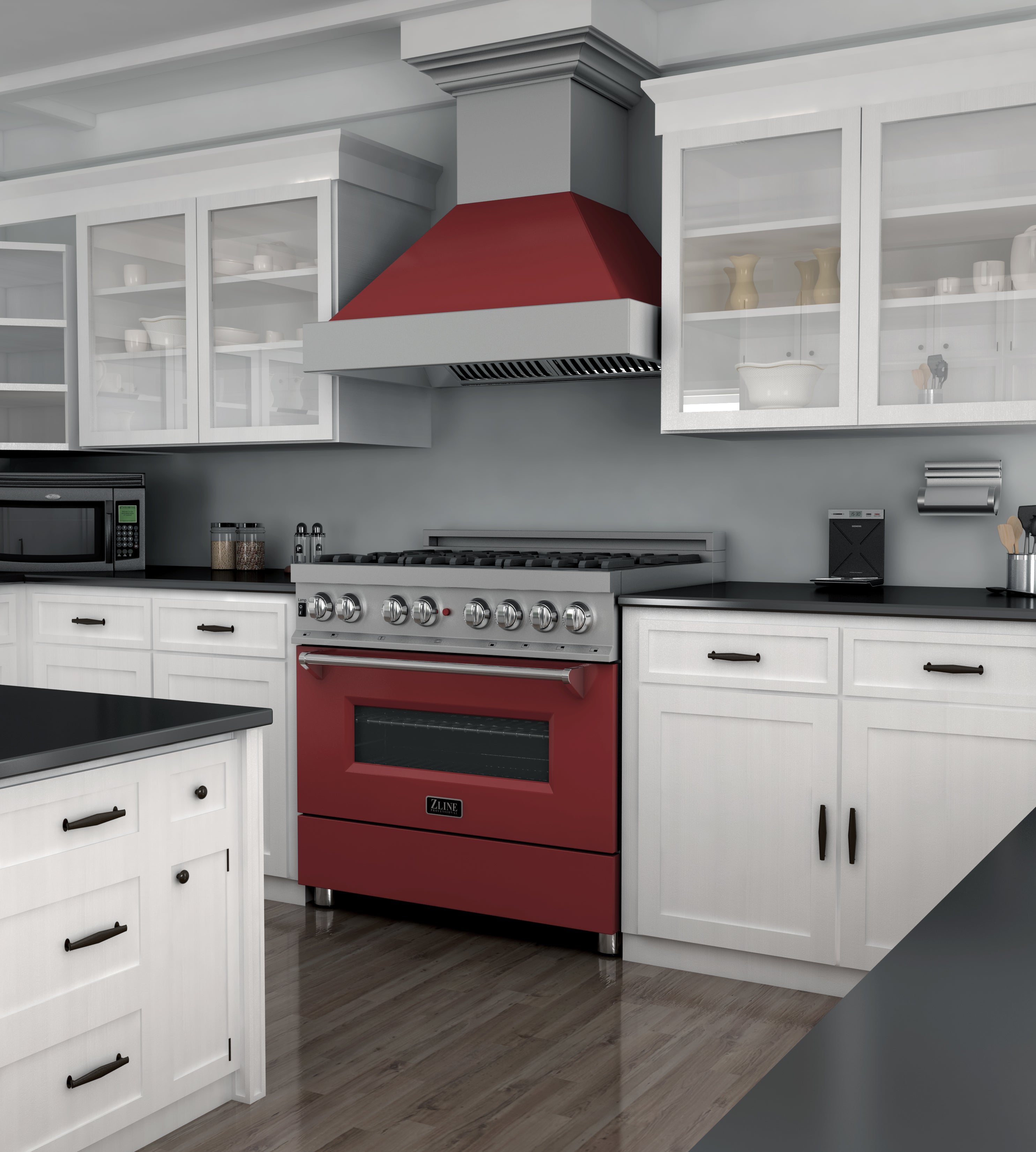 ZLINE 36 in. 4.6 cu. ft. Legacy Dual Fuel Range with 6 Burner Gas Cooktop and Electric Convection Oven in Satin Stainless Steel and Red Matte Door (RAS-RM-36)