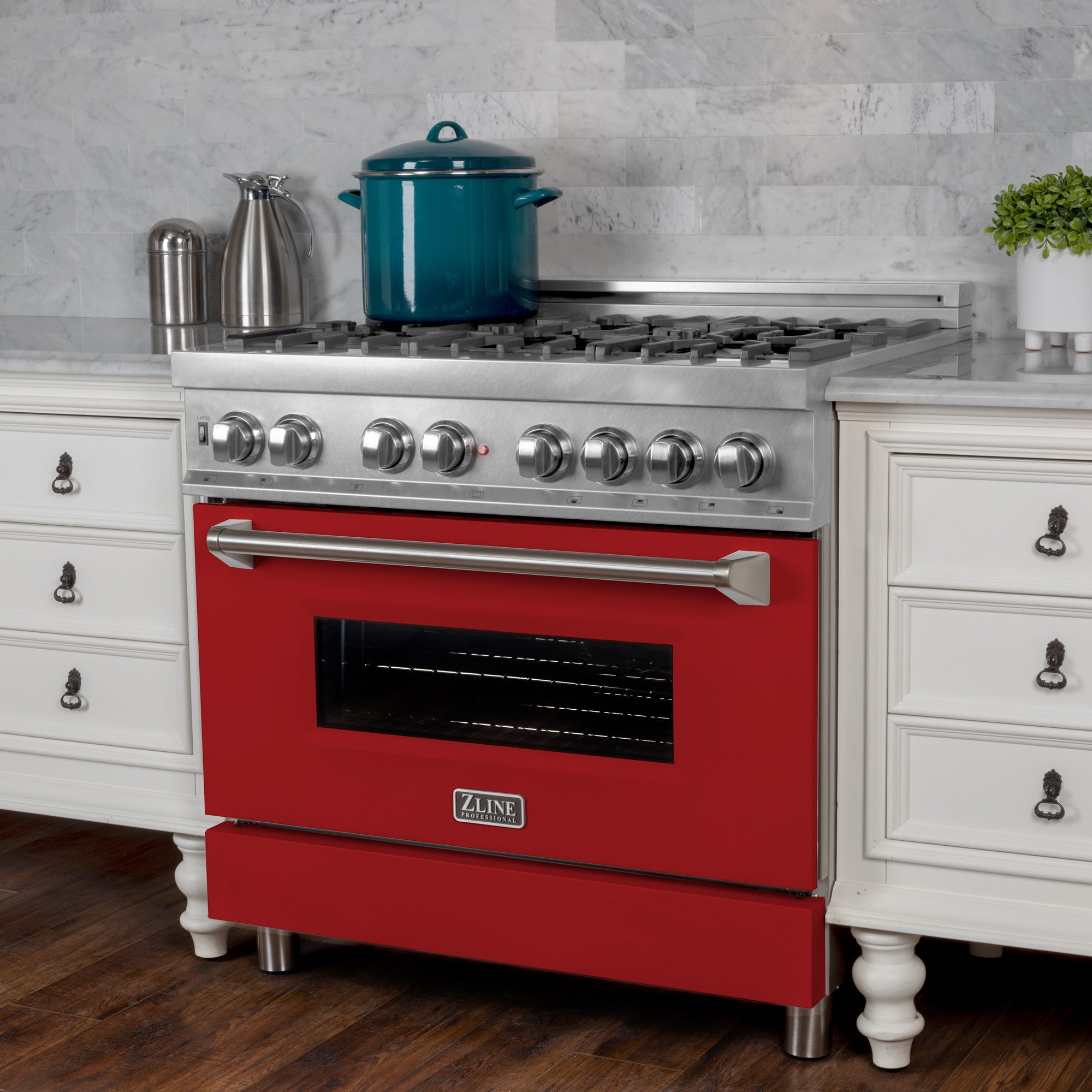 ZLINE 36 in. 4.6 cu. ft. Legacy Dual Fuel Range with 6 Burner Gas Cooktop and Electric Convection Oven in Satin Stainless Steel and Red Matte Door (RAS-RM-36)