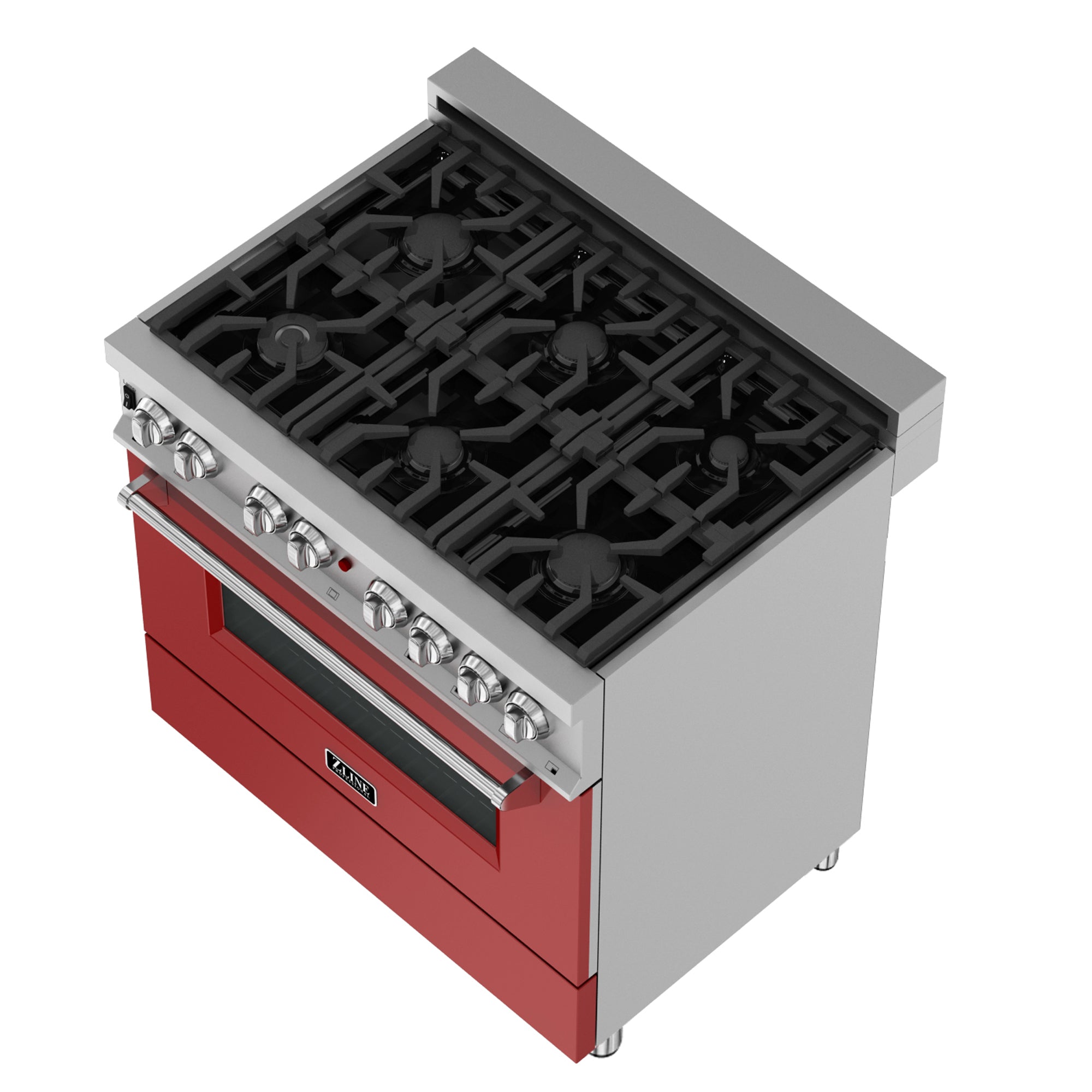 ZLINE 36 in. 4.6 cu. ft. Legacy Dual Fuel Range with 6 Burner Gas Cooktop and Electric Convection Oven in Satin Stainless Steel and Red Matte Door (RAS-RM-36)