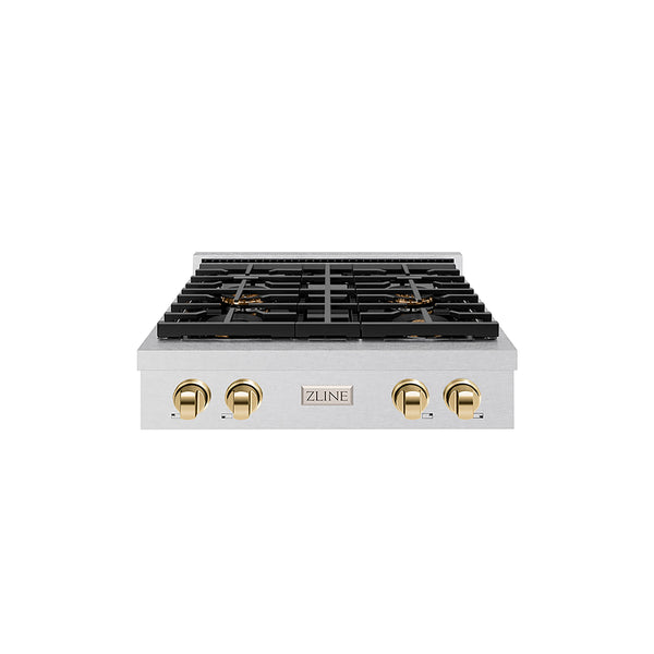 ZLINE Autograph Edition 30 in. Paramount Gas Rangetop with 4 Burner DuoPro™ Cooktop in Satin Stainless Steel and Polished Gold Accents (PSRTSZ-30-G)