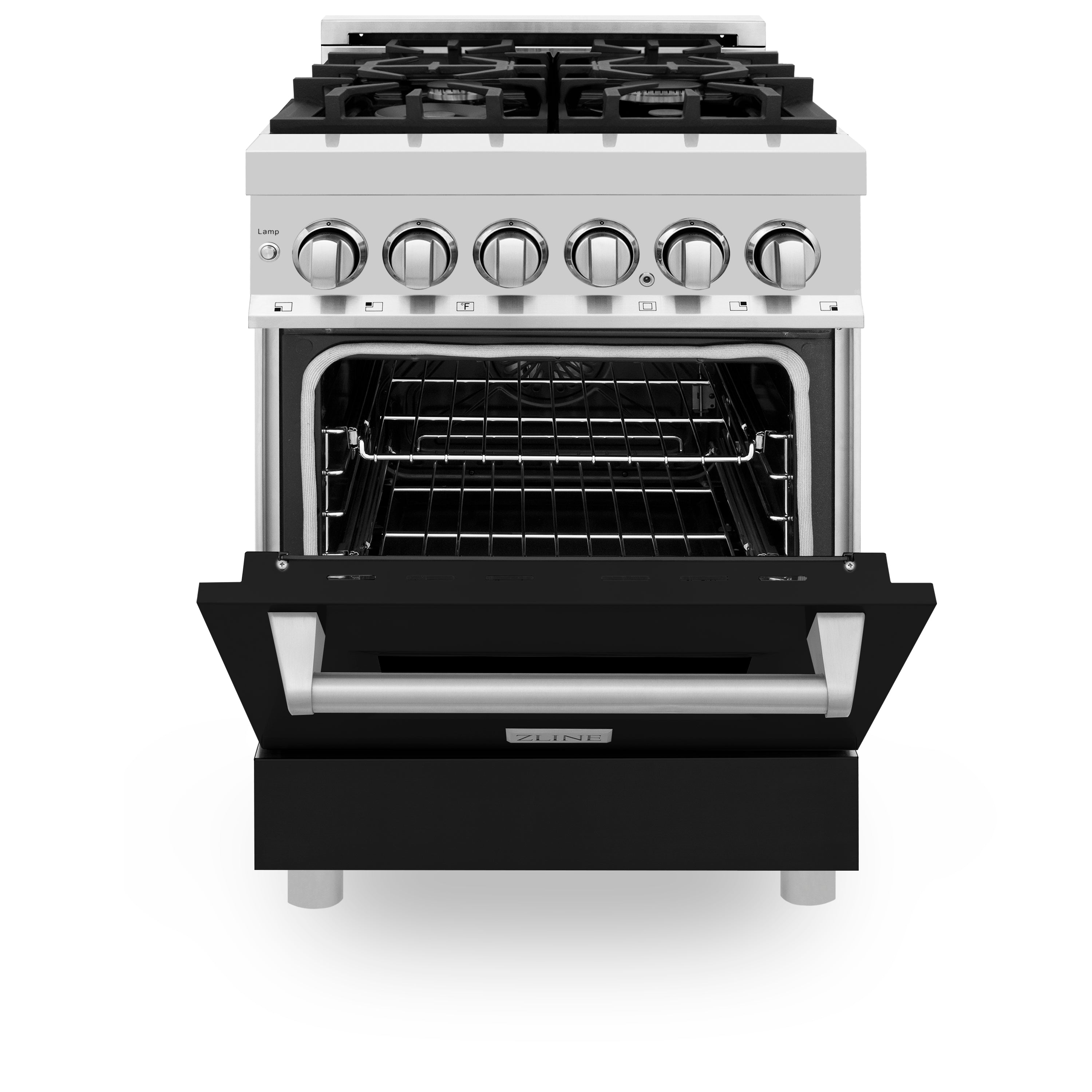 ZLINE 24 in. 2.8 cu. ft. Legacy Dual Fuel Range with 4 Burner Gas Cooktop and Electric Convection Oven in Stainless Steel and Black Matte Door (RA-BLM-24)