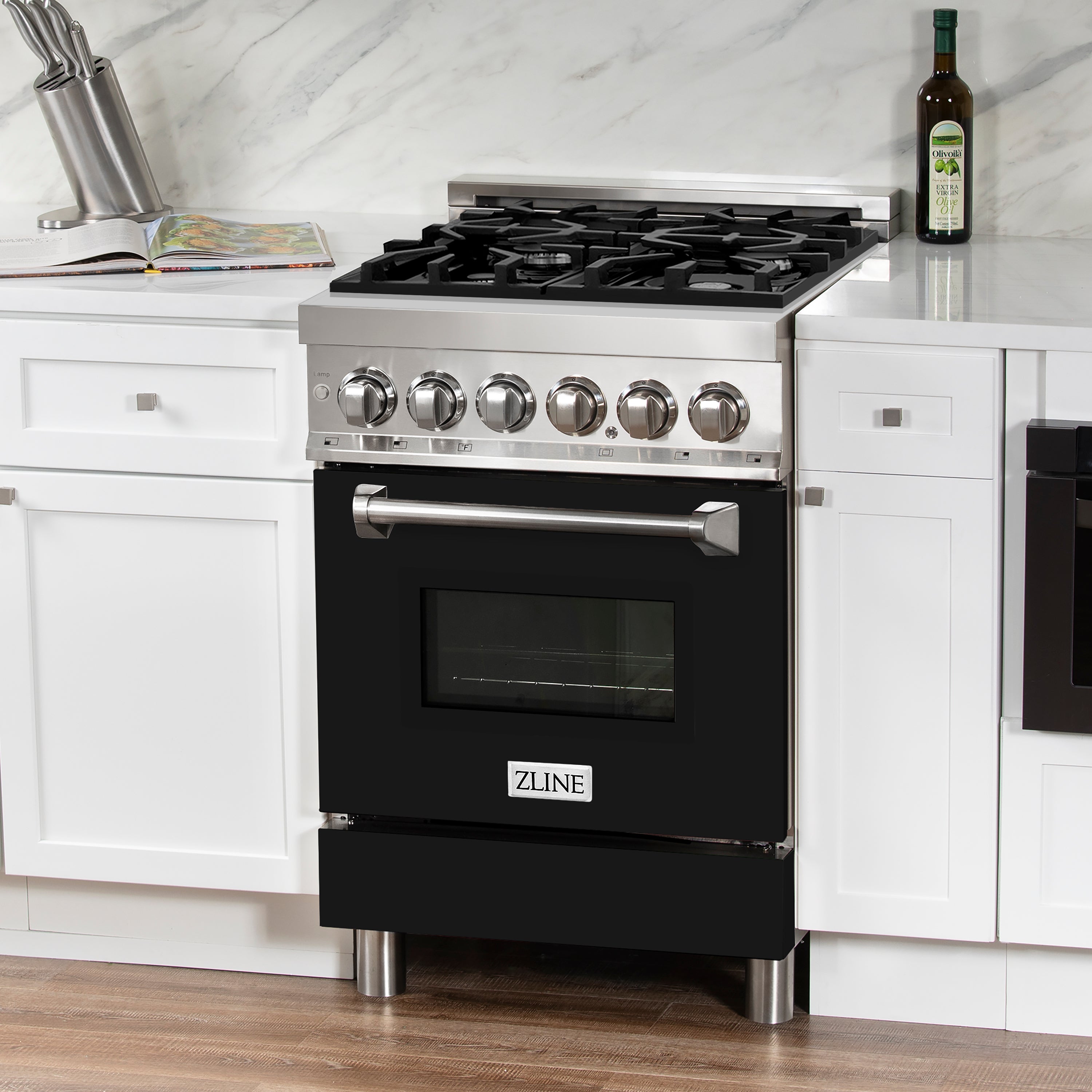 ZLINE 24 in. 2.8 cu. ft. Legacy Dual Fuel Range with 4 Burner Gas Cooktop and Electric Convection Oven in Stainless Steel and Black Matte Door (RA-BLM-24)