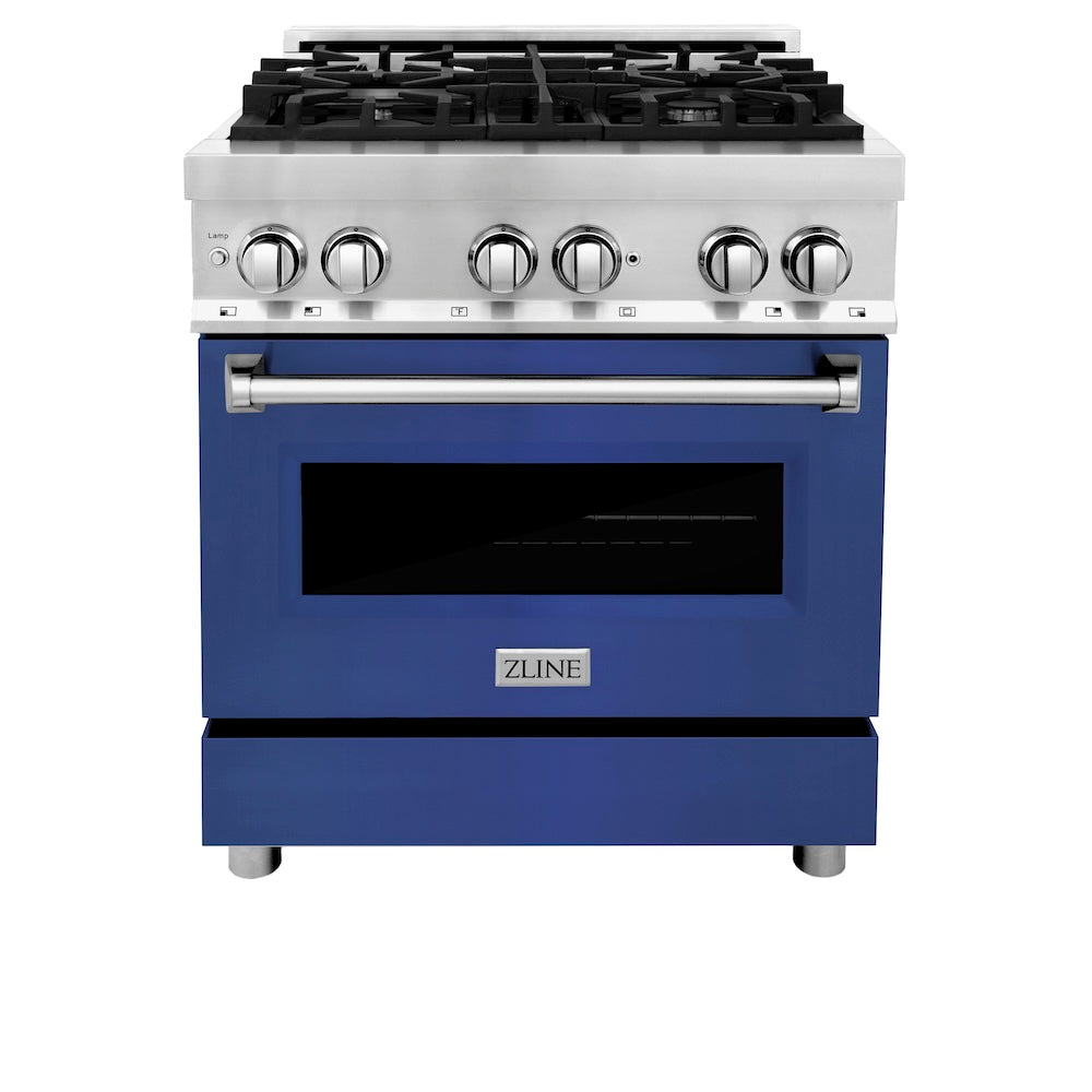 ZLINE 30 in. 4.0 cu. ft. Legacy Dual Fuel Range with 4 Burner Gas Cooktop and Electric Convection Oven in Stainless Steel and Blue Matte Door (RA-BM-30)