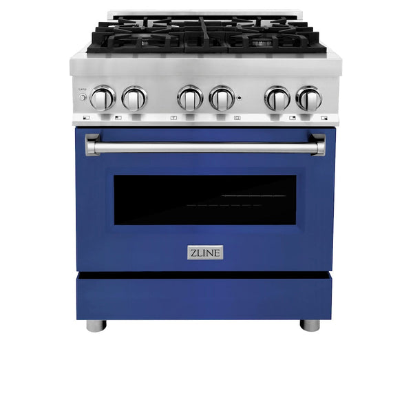 ZLINE 30 in. 4.0 cu. ft. Legacy Dual Fuel Range with 4 Burner Gas Cooktop and Electric Convection Oven in Stainless Steel and Blue Matte Door (RA-BM-30)