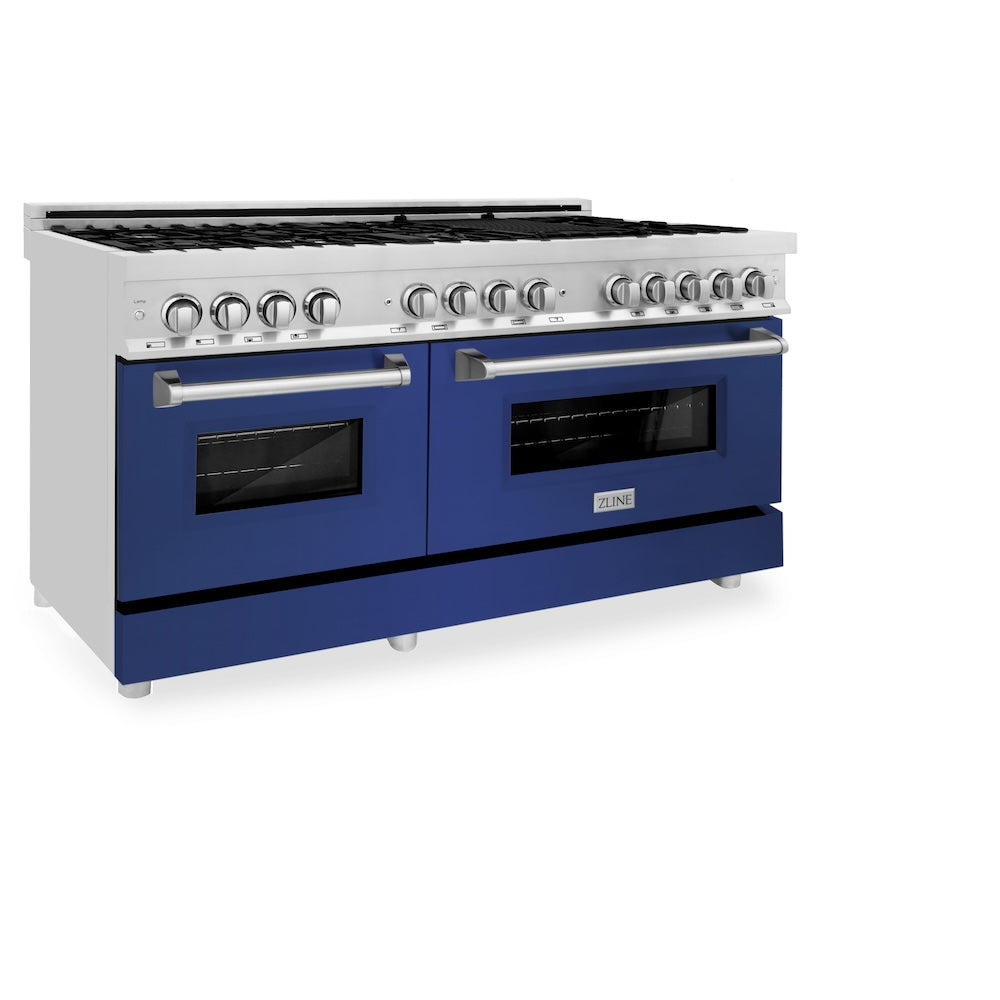 ZLINE 60 in. 7.4 cu. ft. Legacy Dual Fuel Range with 9 Burner Gas Cooktop and 2 Electric Convection Ovens in Stainless Steel and Blue Matte Doors (RA-BM-60)