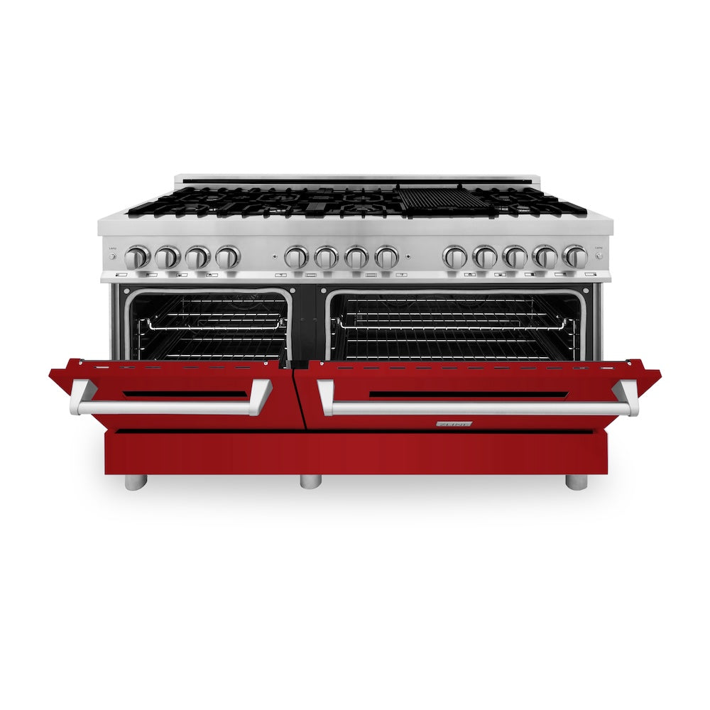 ZLINE 60 in. 7.4 cu. ft. Legacy Dual Fuel Range with 9 Burner Gas Cooktop and 2 Electric Convection Ovens in Stainless Steel and Red Gloss Doors (RA-RG-60)