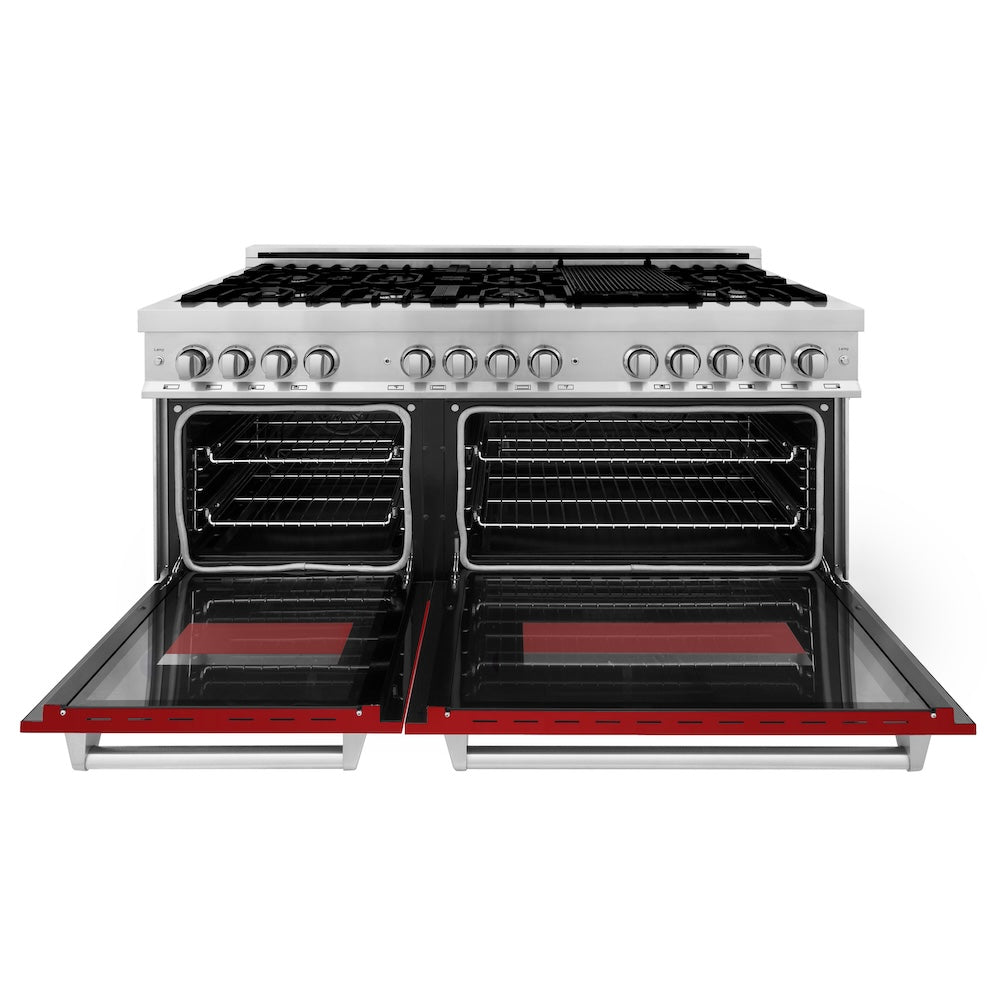 ZLINE 60 in. 7.4 cu. ft. Legacy Dual Fuel Range with 9 Burner Gas Cooktop and 2 Electric Convection Ovens in Stainless Steel and Red Gloss Doors (RA-RG-60)