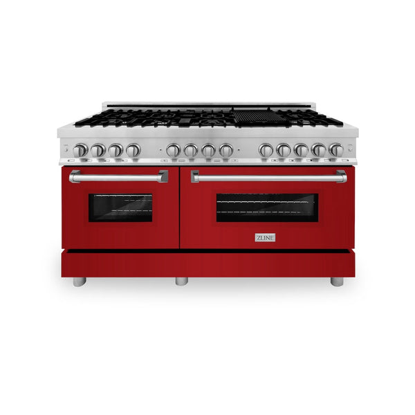 ZLINE 60 in. 7.4 cu. ft. Legacy Dual Fuel Range with 9 Burner Gas Cooktop and 2 Electric Convection Ovens in Stainless Steel and Red Gloss Doors (RA-RG-60)