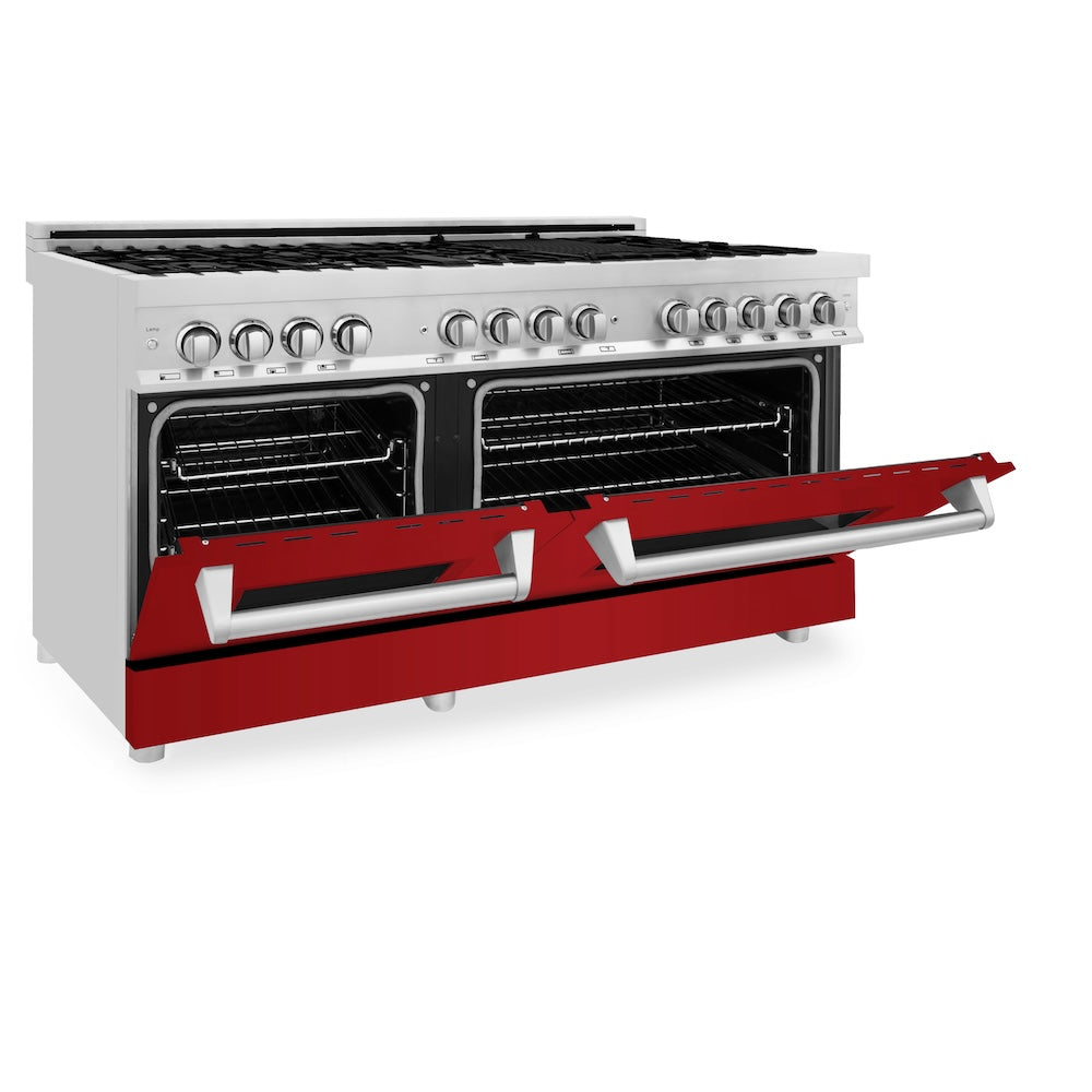 ZLINE 60 in. 7.4 cu. ft. Legacy Dual Fuel Range with 9 Burner Gas Cooktop and 2 Electric Convection Ovens in Stainless Steel and Red Gloss Doors (RA-RG-60)