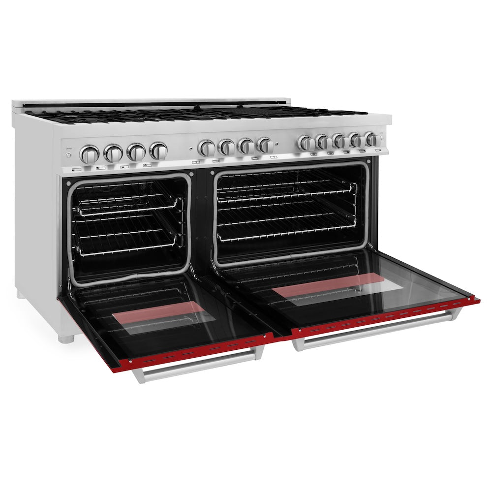 ZLINE 60 in. 7.4 cu. ft. Legacy Dual Fuel Range with 9 Burner Gas Cooktop and 2 Electric Convection Ovens in Stainless Steel and Red Gloss Doors (RA-RG-60)