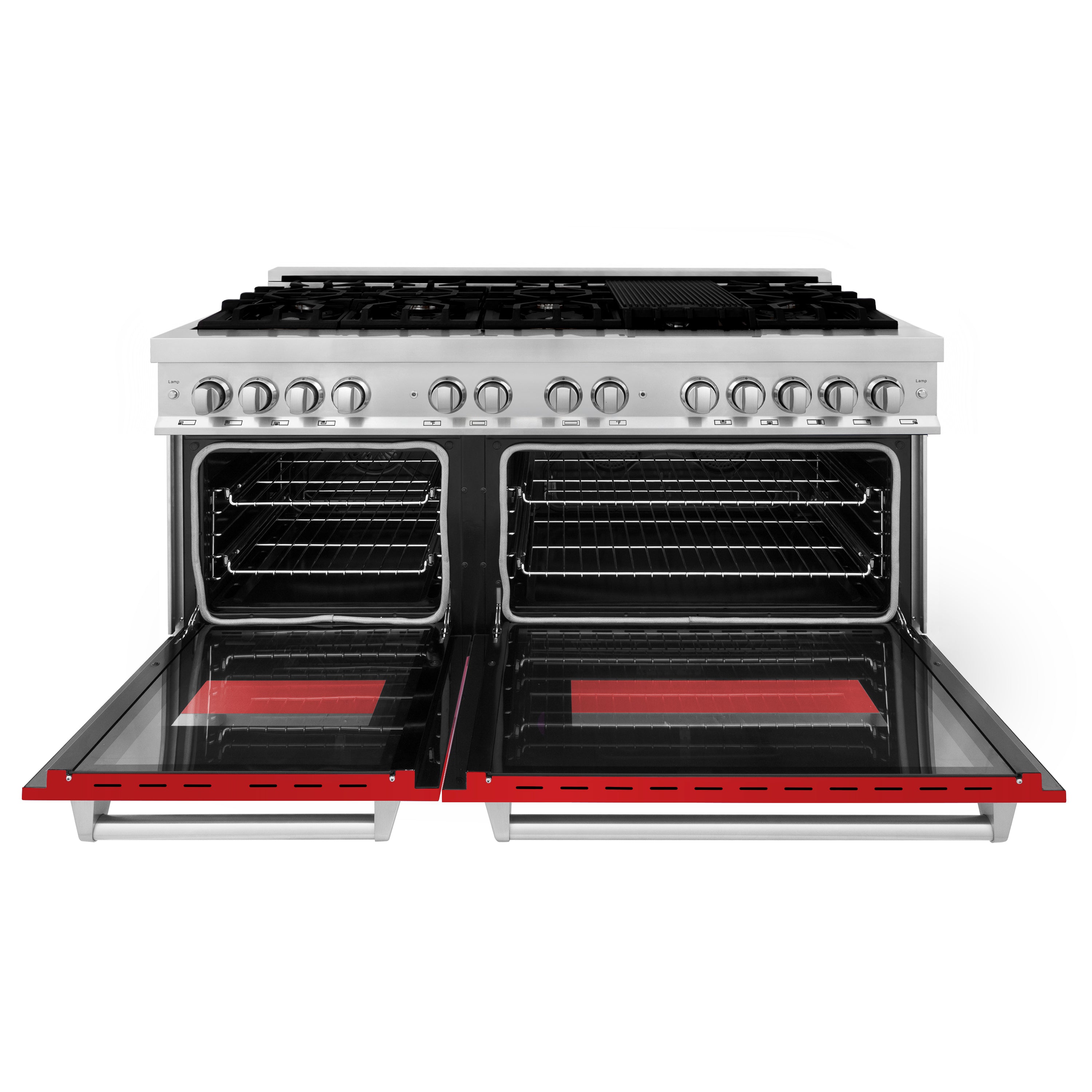 ZLINE 60 in. 7.4 cu. ft. Legacy Dual Fuel Range with 9 Burner Gas Cooktop and 2 Electric Convection Ovens in Stainless Steel and Red Matte Doors (RA-RM-60)