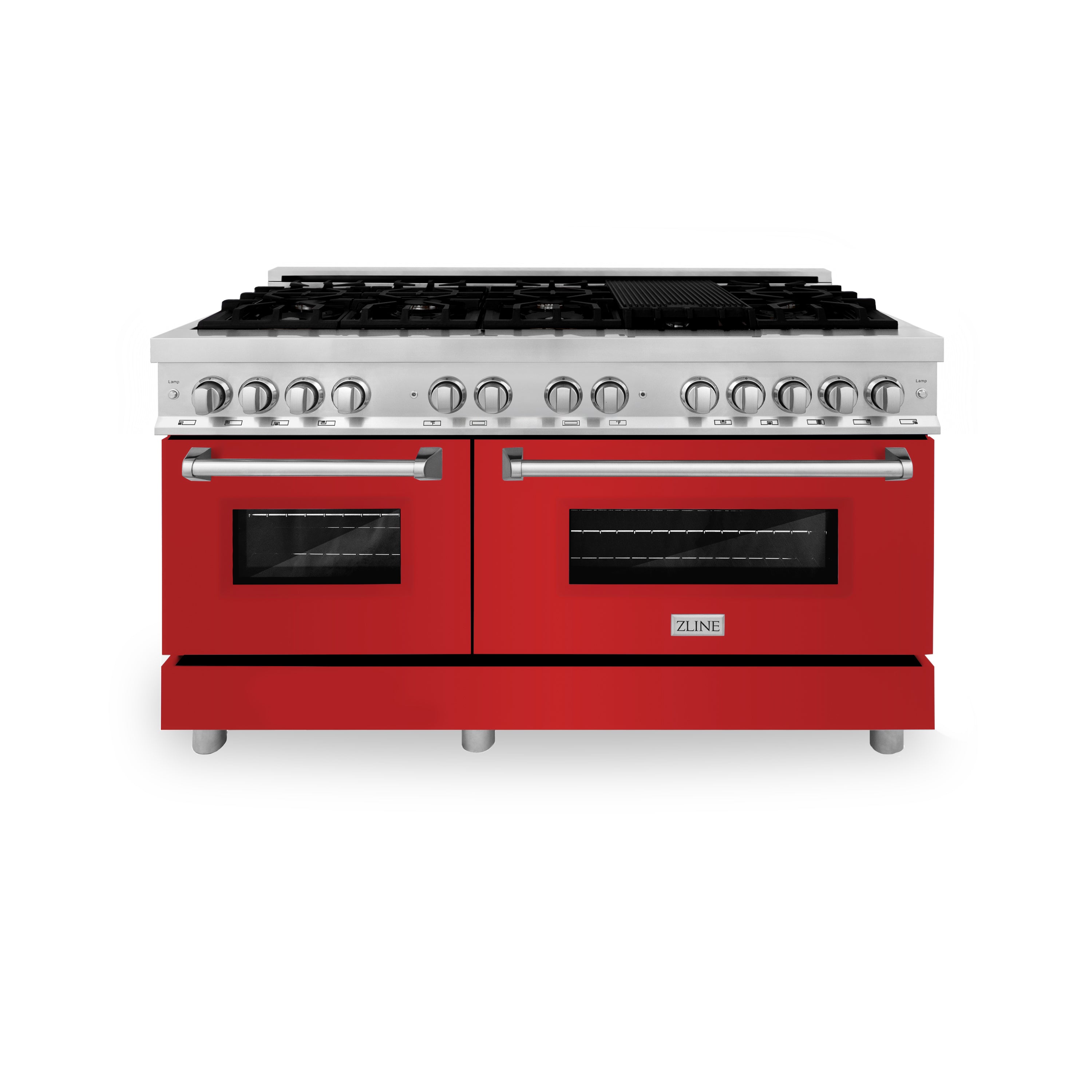 ZLINE 60 in. 7.4 cu. ft. Legacy Dual Fuel Range with 9 Burner Gas Cooktop and 2 Electric Convection Ovens in Stainless Steel and Red Matte Doors (RA-RM-60)