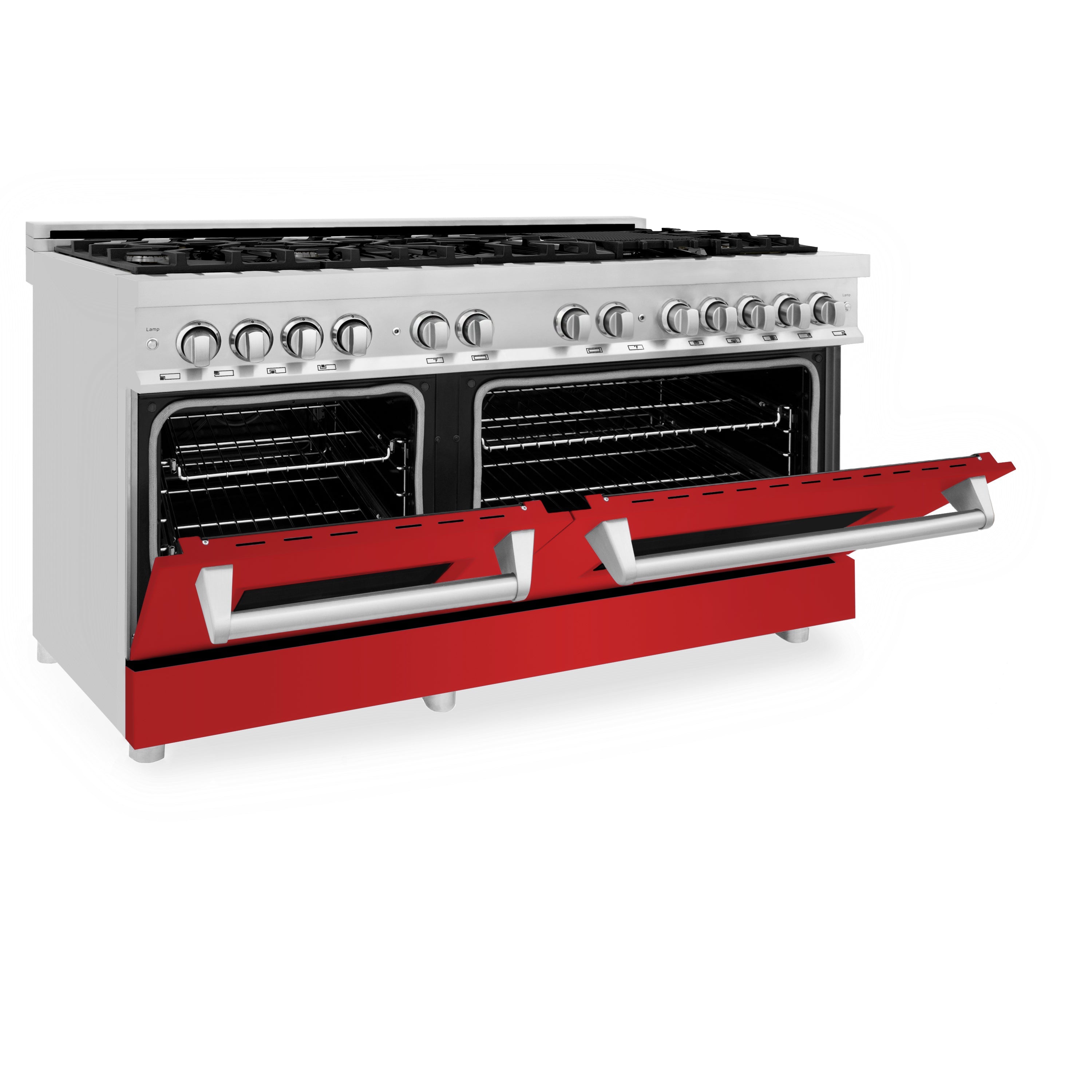 ZLINE 60 in. 7.4 cu. ft. Legacy Dual Fuel Range with 9 Burner Gas Cooktop and 2 Electric Convection Ovens in Stainless Steel and Red Matte Doors (RA-RM-60)