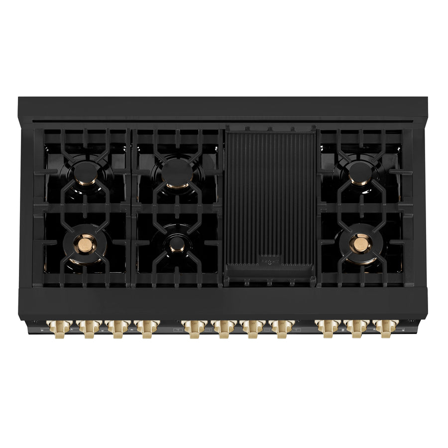 ZLINE 48" Appliance Package - Autograph Edition - Black Stainless Steel Dual Fuel Range, Range Hood, Dishwasher and Refrigeration with Gold Accents (4AKPR-RABRHDWV48-G)