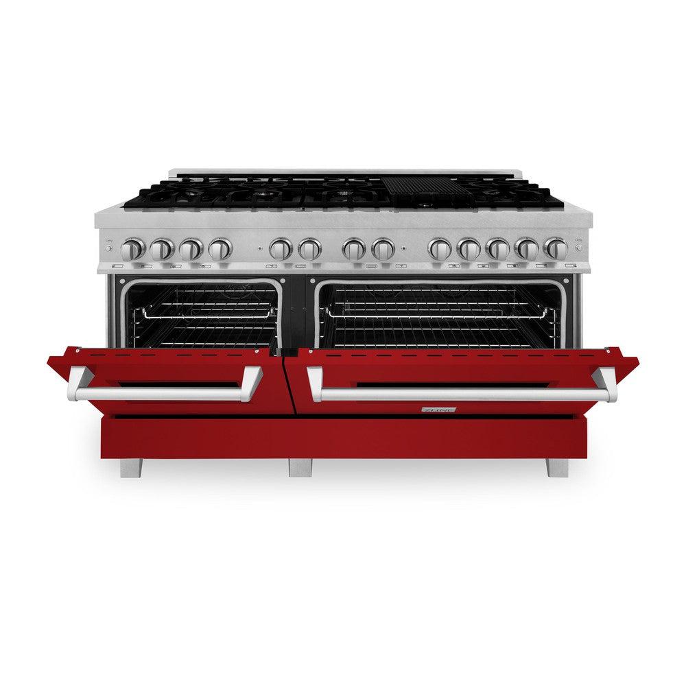 ZLINE 60 in. 7.4 cu. ft. Legacy Dual Fuel Range with 9 Burner Gas Cooktop and 2 Electric Convection Ovens in Satin Stainless Steel and Red Gloss Doors (RAS-RG-60)