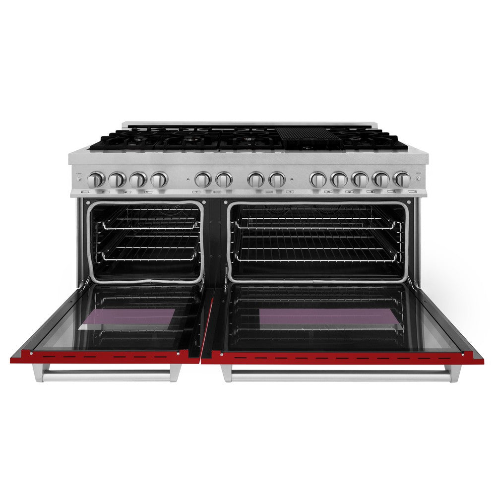 ZLINE 60 in. 7.4 cu. ft. Legacy Dual Fuel Range with 9 Burner Gas Cooktop and 2 Electric Convection Ovens in Satin Stainless Steel and Red Gloss Doors (RAS-RG-60)
