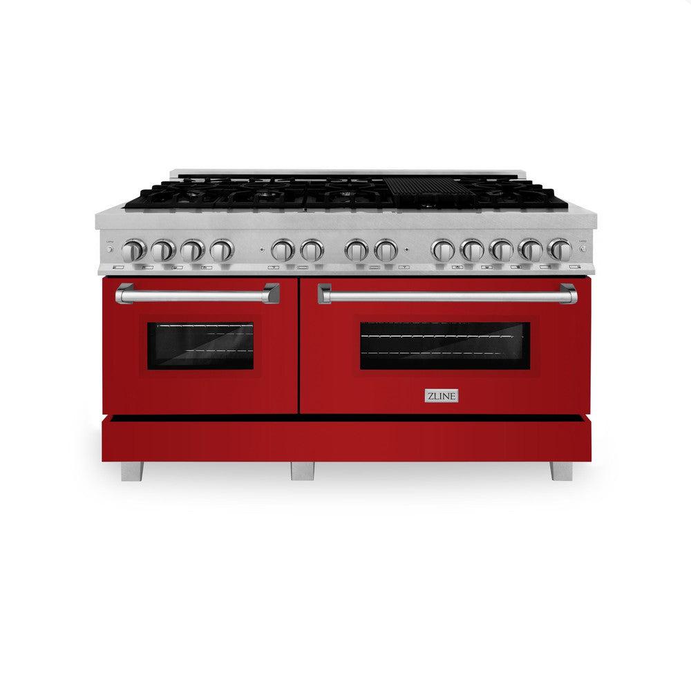 ZLINE 60 in. 7.4 cu. ft. Legacy Dual Fuel Range with 9 Burner Gas Cooktop and 2 Electric Convection Ovens in Satin Stainless Steel and Red Gloss Doors (RAS-RG-60)