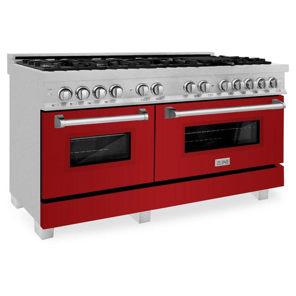 ZLINE 60 in. 7.4 cu. ft. Legacy Dual Fuel Range with 9 Burner Gas Cooktop and 2 Electric Convection Ovens in Satin Stainless Steel and Red Gloss Doors (RAS-RG-60)