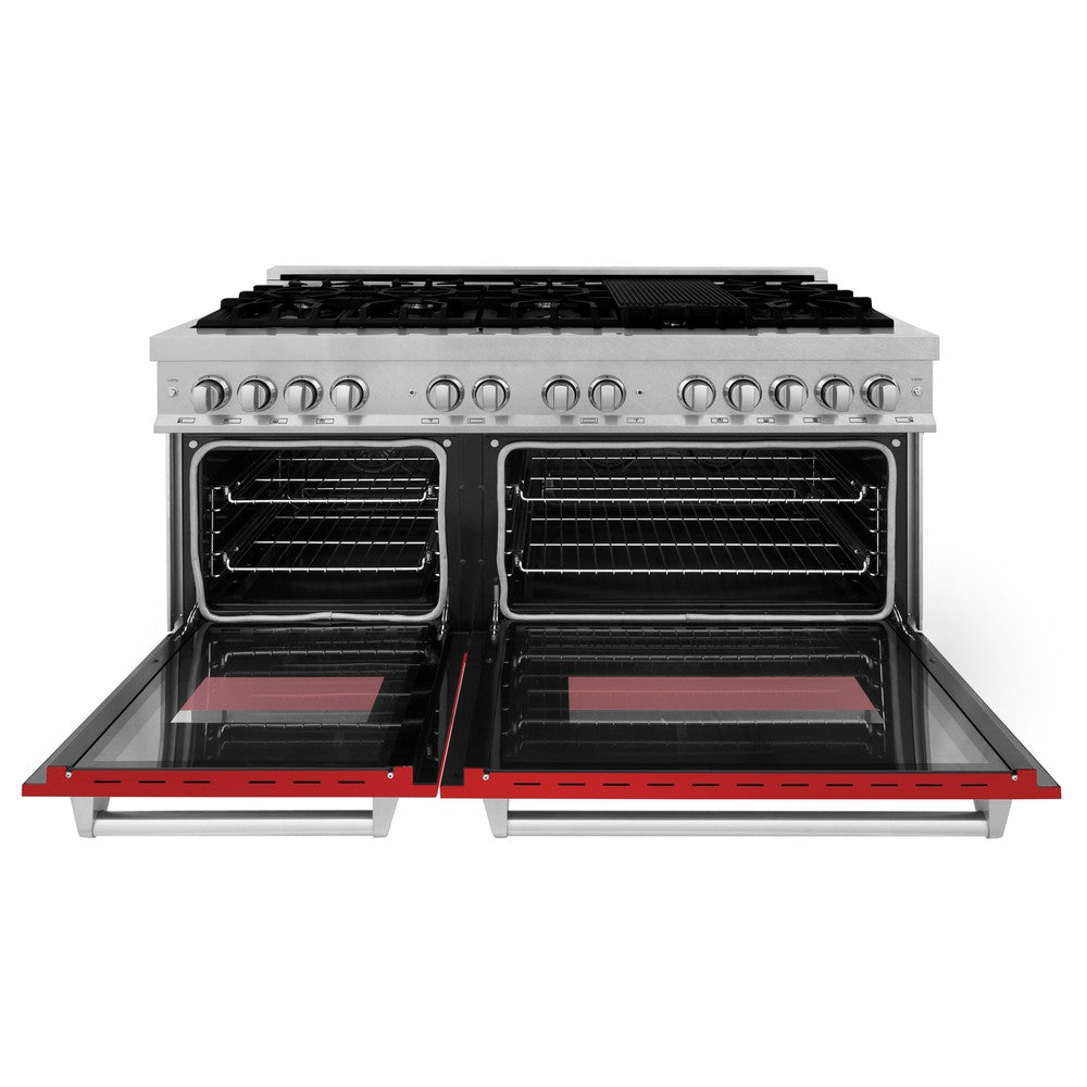 ZLINE 60 in. 7.4 cu. ft. Legacy Dual Fuel Range with 9 Burner Gas Cooktop and 2 Electric Convection Ovens in Satin Stainless Steel and Red Matte Doors (RAS-RM-60)