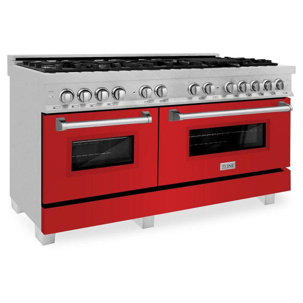 ZLINE 60 in. 7.4 cu. ft. Legacy Dual Fuel Range with 9 Burner Gas Cooktop and 2 Electric Convection Ovens in Satin Stainless Steel and Red Matte Doors (RAS-RM-60)