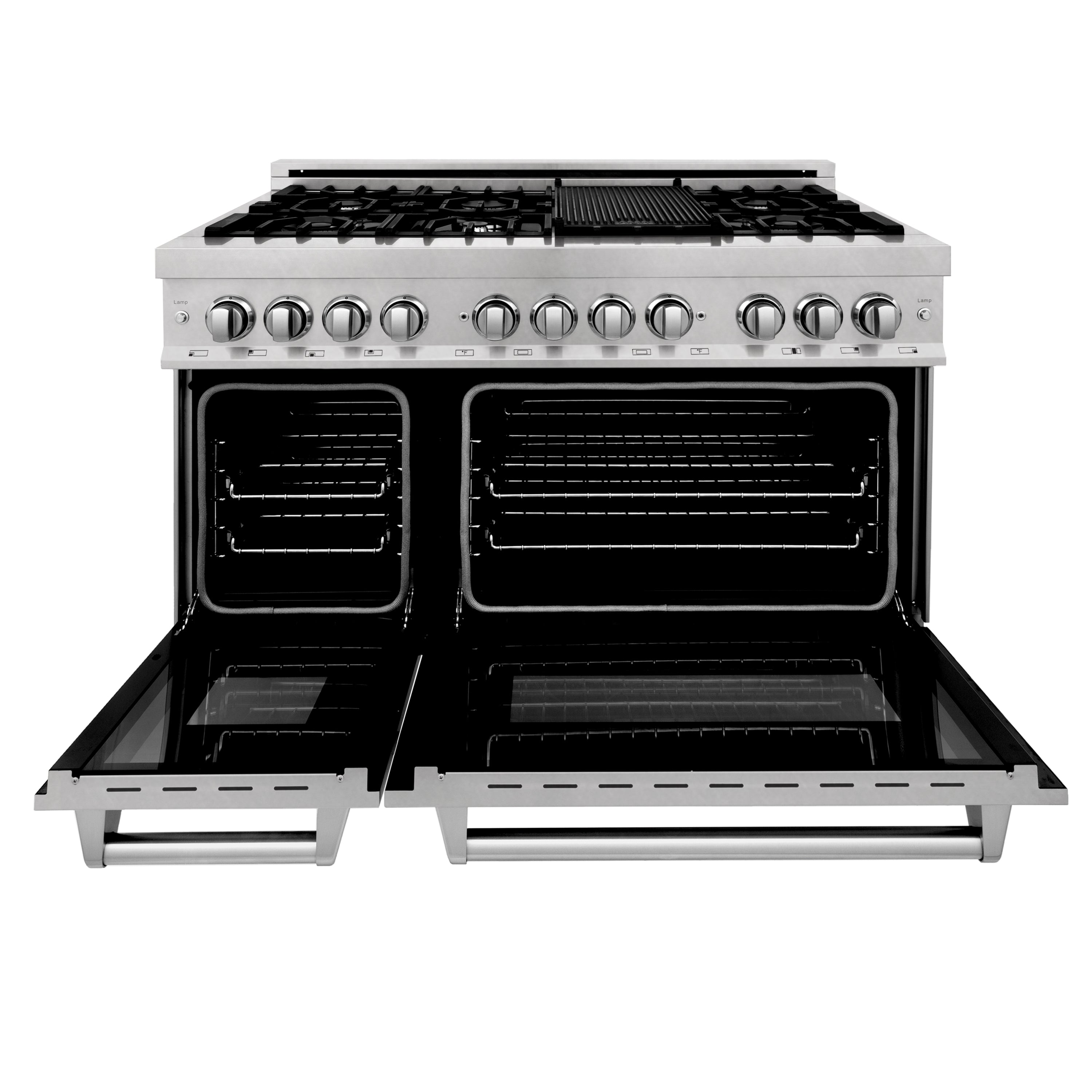 ZLINE 48 in. 6.0 cu. ft. Legacy Dual Fuel Range with 7 Burner Gas Cooktop and 2 Electric Ovens in Satin Stainless Steel with Griddle (RAS-SN-GR-48)