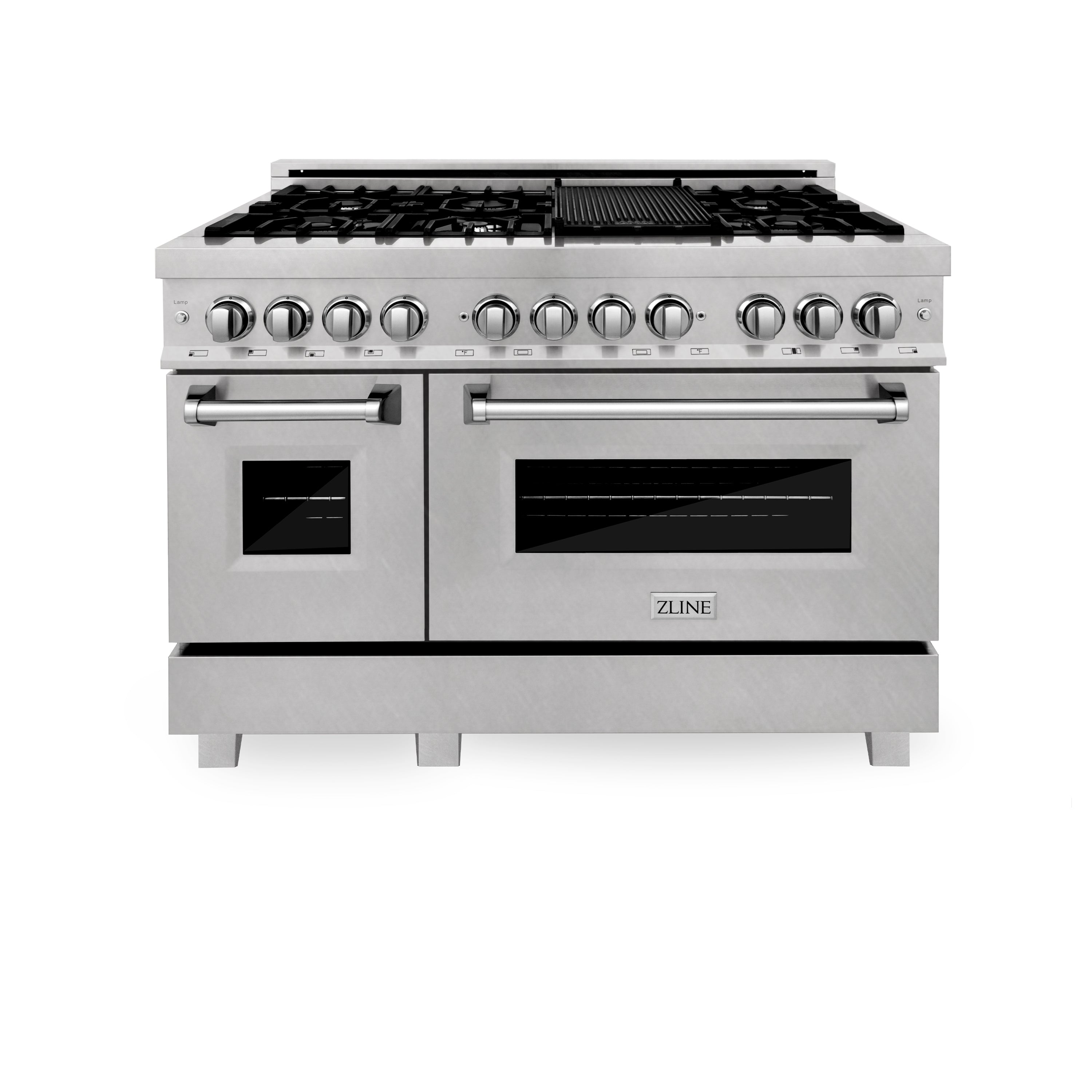 ZLINE 48 in. 6.0 cu. ft. Legacy Dual Fuel Range with 7 Burner Gas Cooktop and 2 Electric Ovens in Satin Stainless Steel with Griddle (RAS-SN-GR-48)