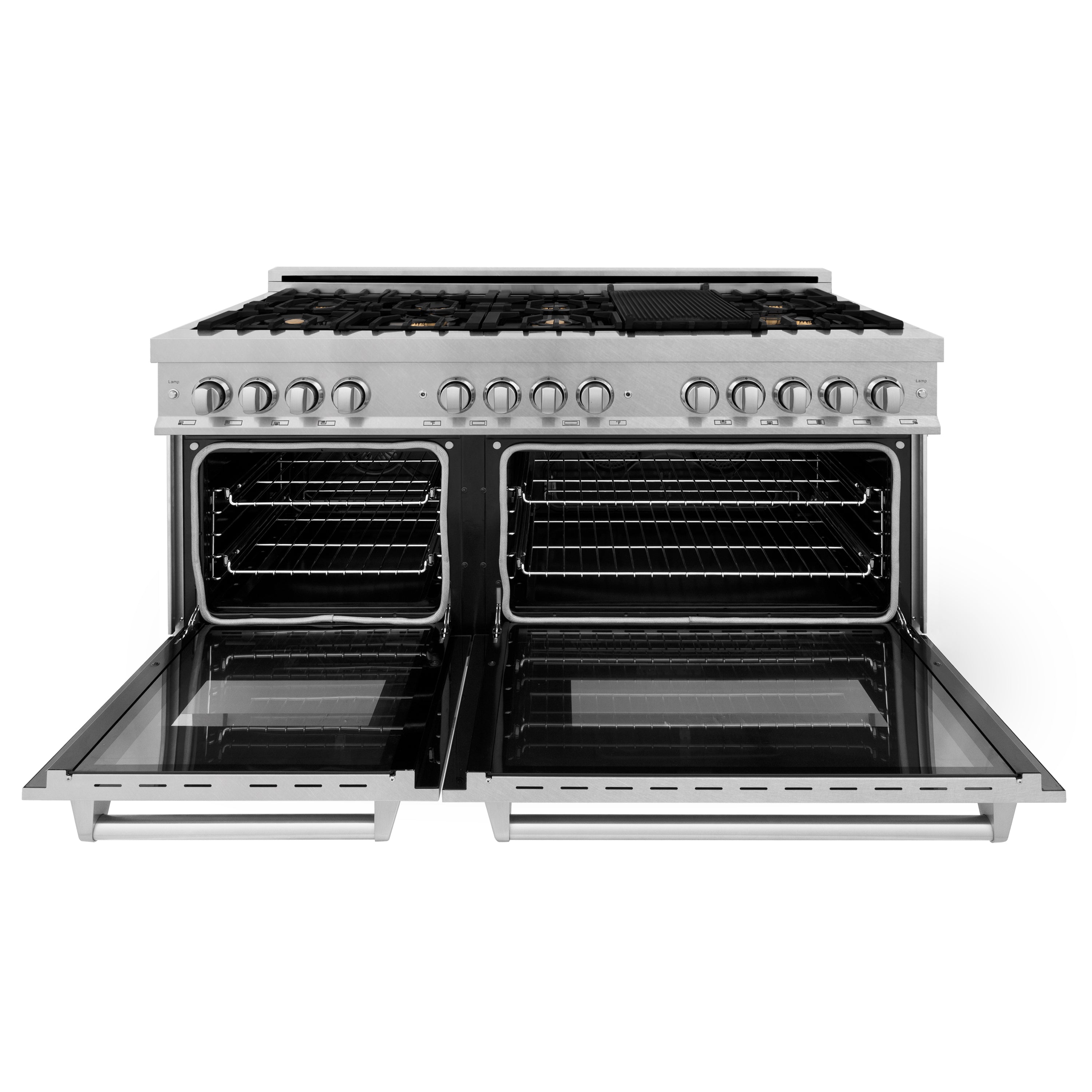 ZLINE 60 in. 7.4 cu. ft. Legacy Dual Fuel Range with Gas Cooktop and 2 Electric Convection Ovens in Satin Stainless Steel with 8 Brass Burners and Griddle (RAS-SN-BR-GR-60)