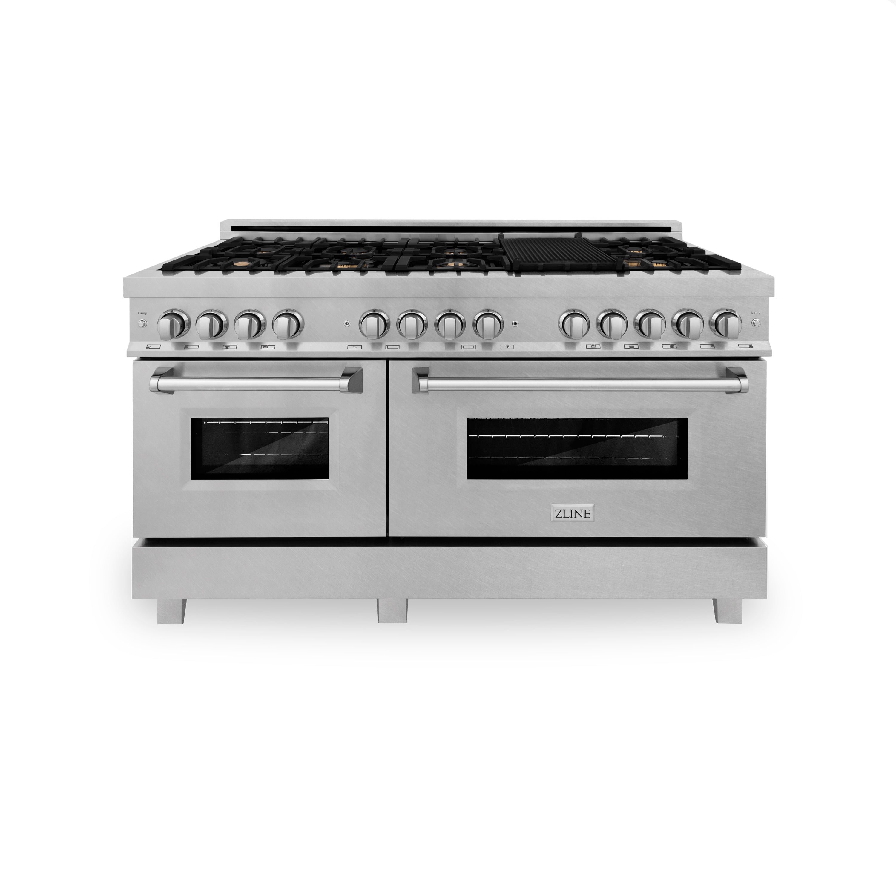 ZLINE 60 in. 7.4 cu. ft. Legacy Dual Fuel Range with Gas Cooktop and 2 Electric Convection Ovens in Satin Stainless Steel with 8 Brass Burners and Griddle (RAS-SN-BR-GR-60)