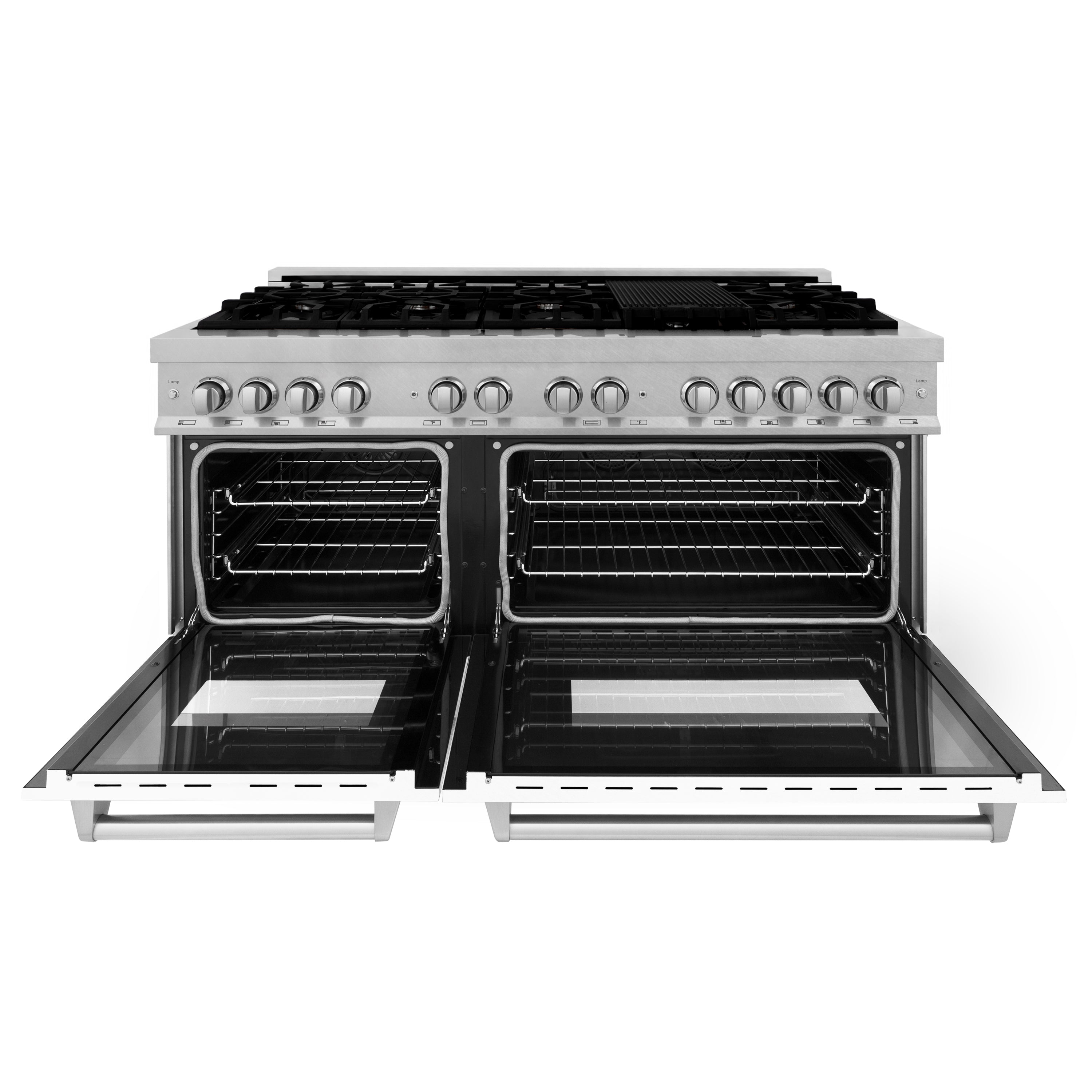 ZLINE 60 in. 7.4 cu. ft. Legacy Dual Fuel Range with 9 Burner Gas Cooktop and 2 Electric Convection Ovens in Satin Stainless Steel with White Matte Doors and Griddle (RAS-WM-GR-60)