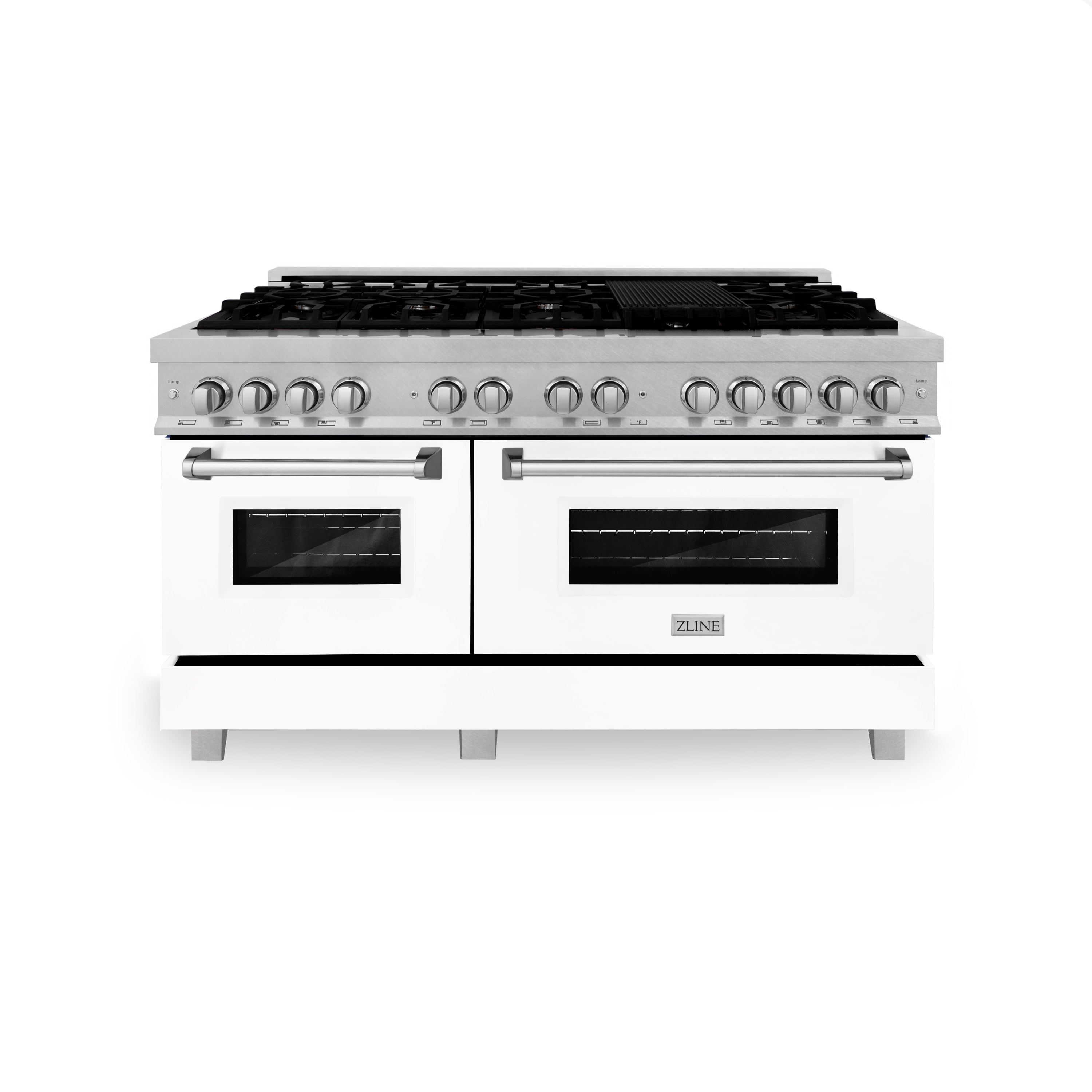 ZLINE 60 in. 7.4 cu. ft. Legacy Dual Fuel Range with 9 Burner Gas Cooktop and 2 Electric Convection Ovens in Satin Stainless Steel with White Matte Doors and Griddle (RAS-WM-GR-60)