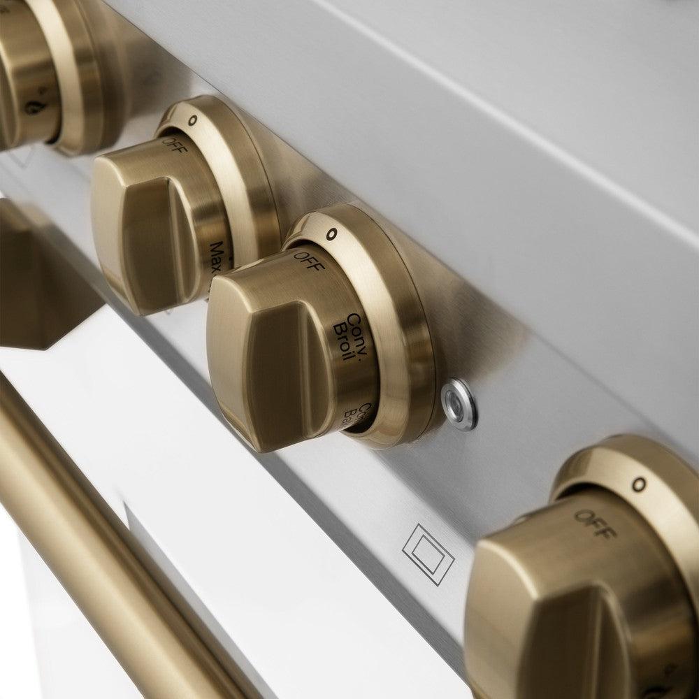 ZLINE Autograph Edition 36 in. Kitchen Package with Stainless Steel Dual Fuel Range with White Matte Door and Range Hood with Champagne Bronze Accents (2AKP-RAWMRH36-CB)